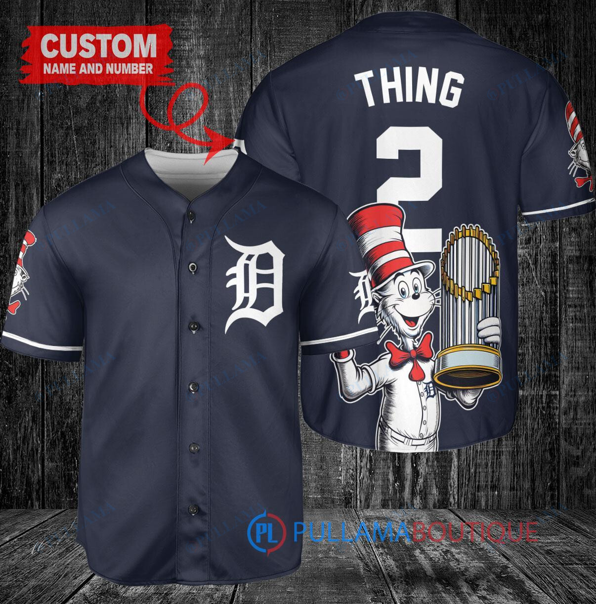Detroit Tigers x Dr Seuss with World Series Trophy Custom Baseball Jersey Navy