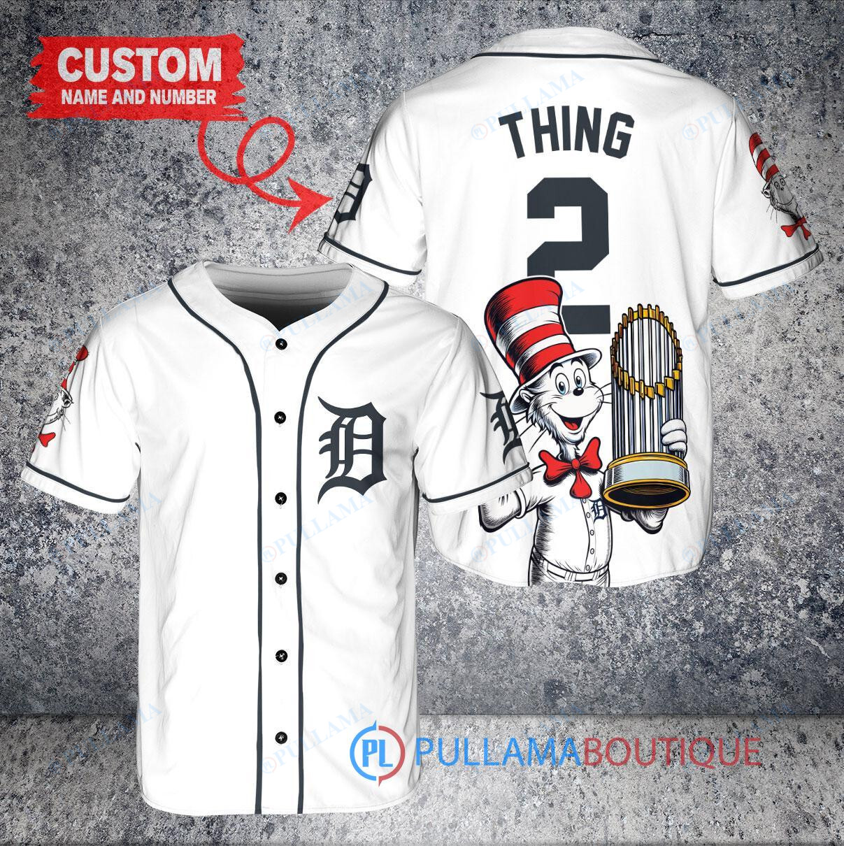 Detroit Tigers x Dr Seuss with World Series Trophy Custom Baseball Jersey White