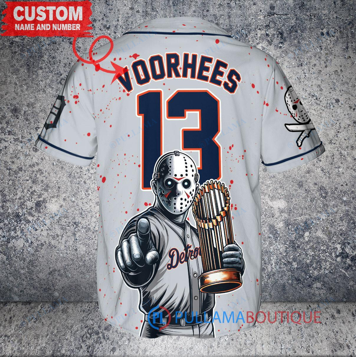 Detroit Tigers x Friday the 13th Jason Voorhees Halloween with World Series Trophy Custom Baseball Jersey Gray