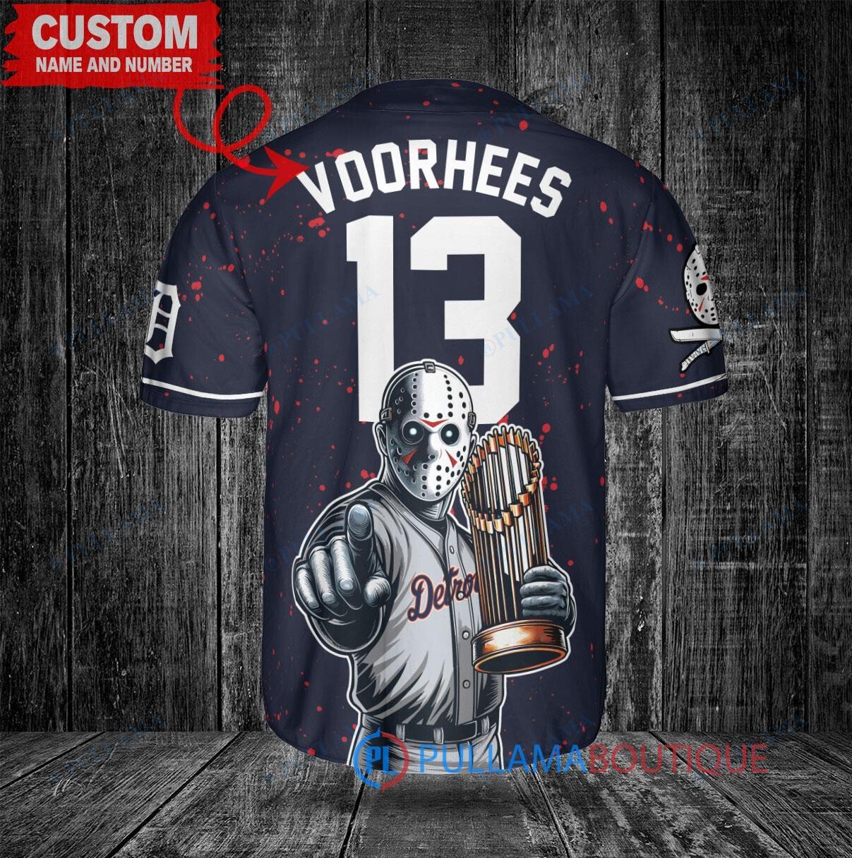 Detroit Tigers x Friday the 13th Jason Voorhees Halloween with World Series Trophy Custom Baseball Jersey Navy