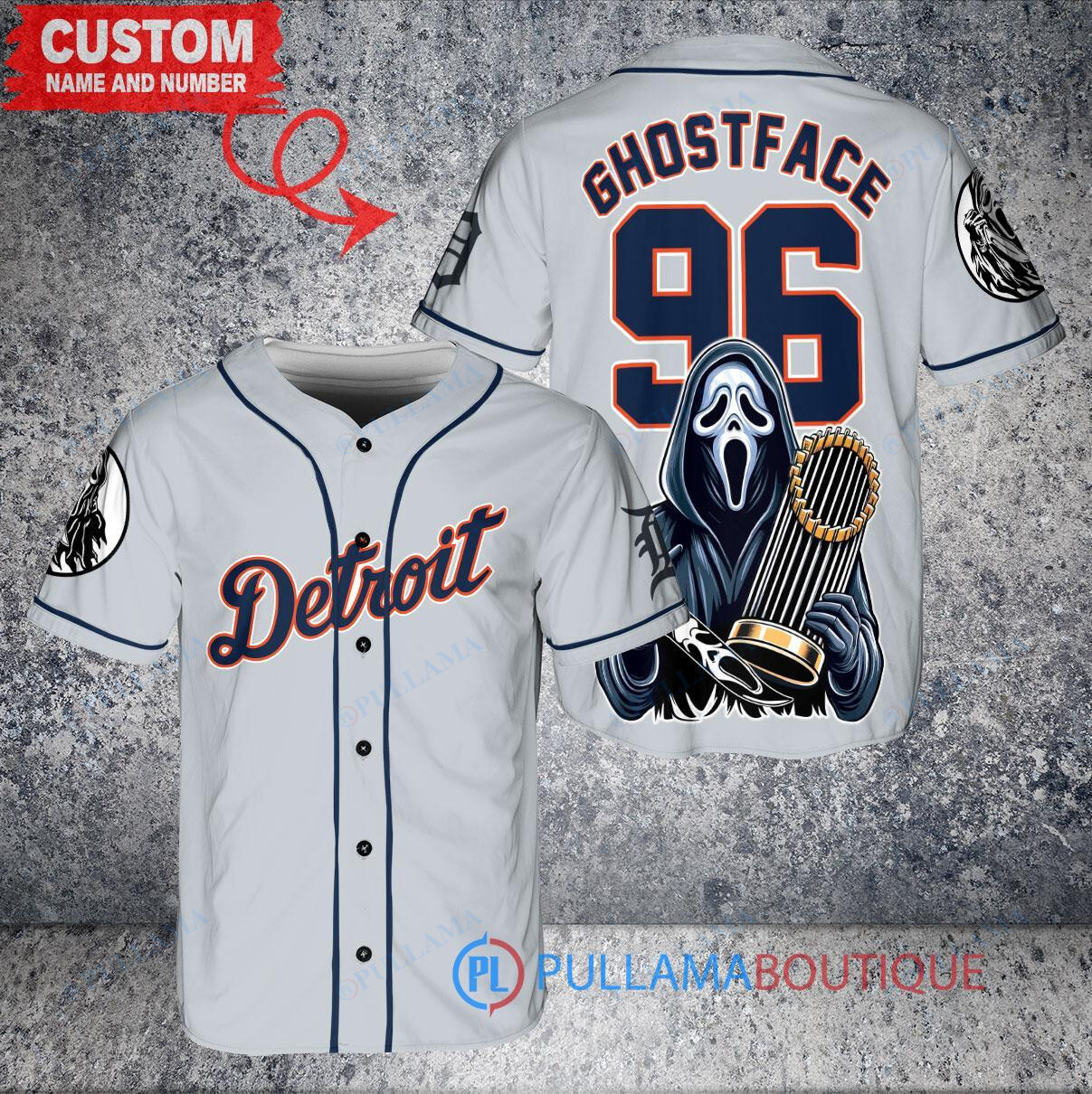 Detroit Tigers x Ghostface Scream Halloween Halloween with World Series Trophy Custom Baseball Jersey Gray