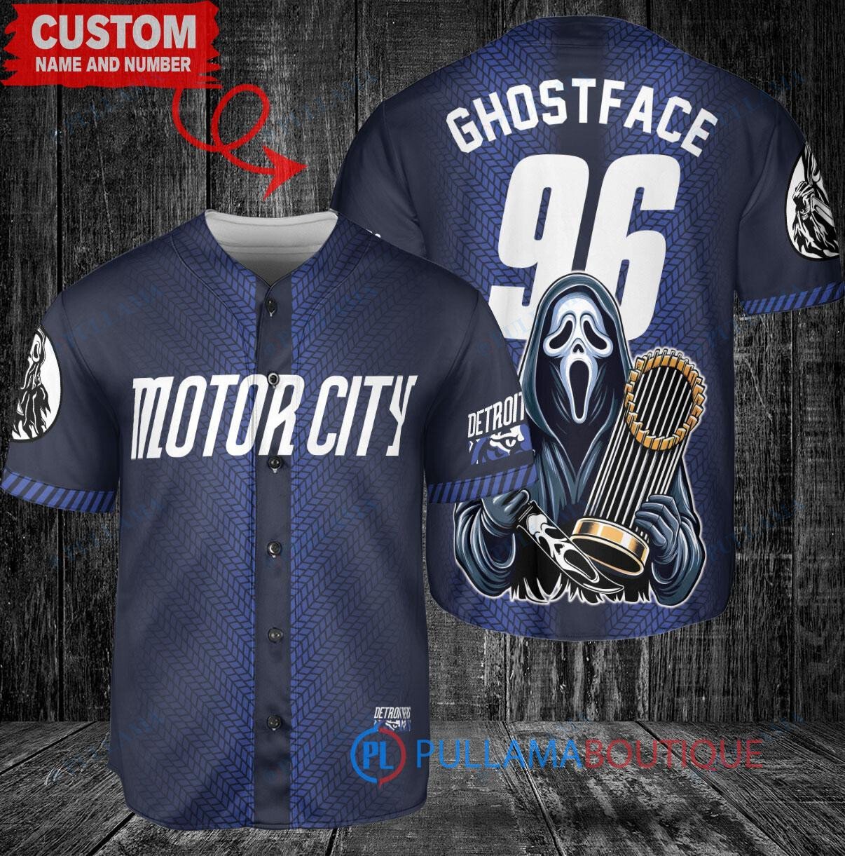 Detroit Tigers x Ghostface Scream Halloween Halloween with World Series Trophy Custom Baseball Jersey Navy City Connect