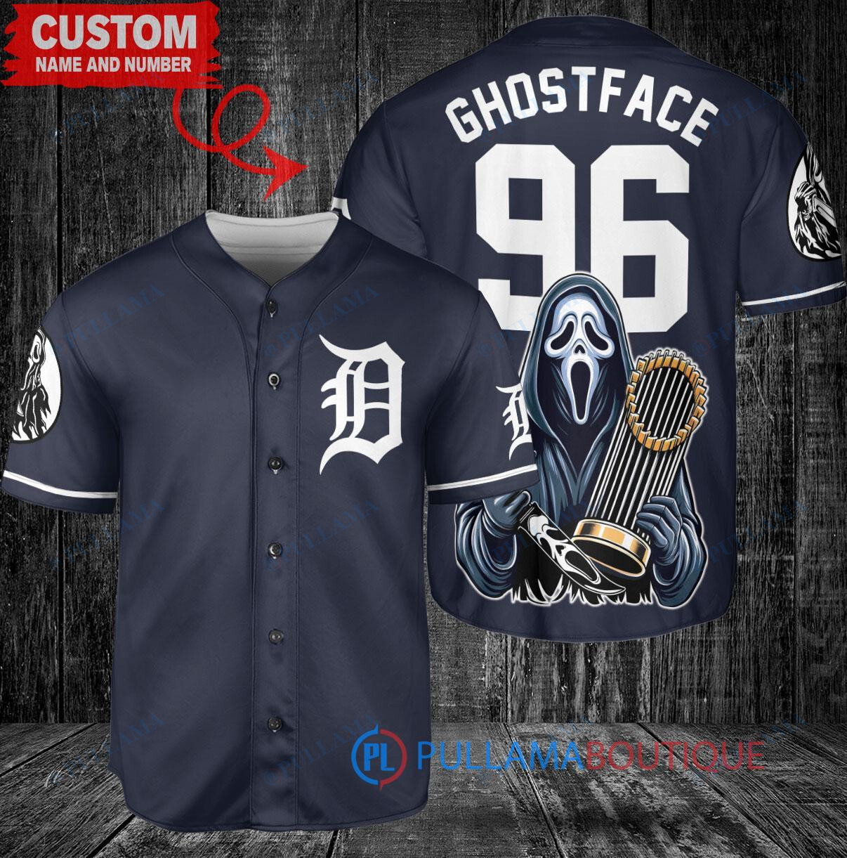 Detroit Tigers x Ghostface Scream Halloween Halloween with World Series Trophy Custom Baseball Jersey Navy