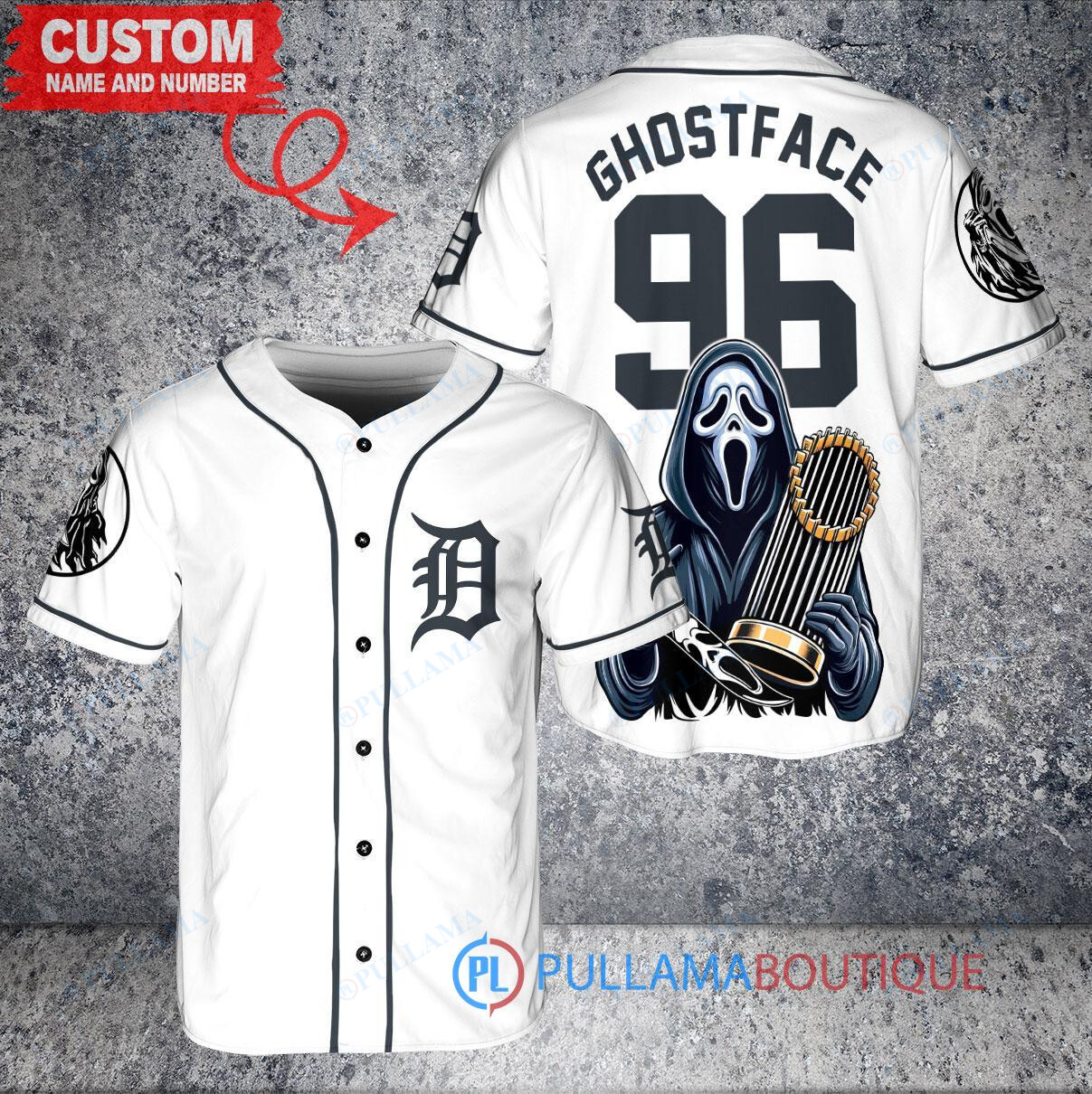 Detroit Tigers x Ghostface Scream Halloween Halloween with World Series Trophy Custom Baseball Jersey White