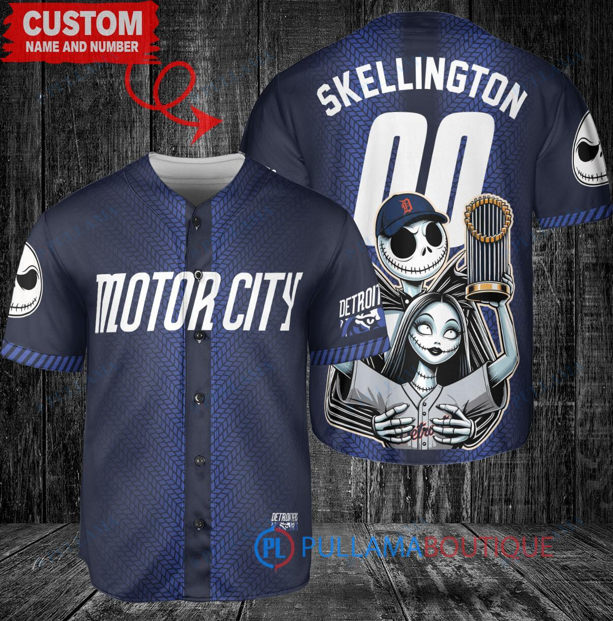 Detroit Tigers x Jack Skellington World Series Trophy Baseball Jersey Navy