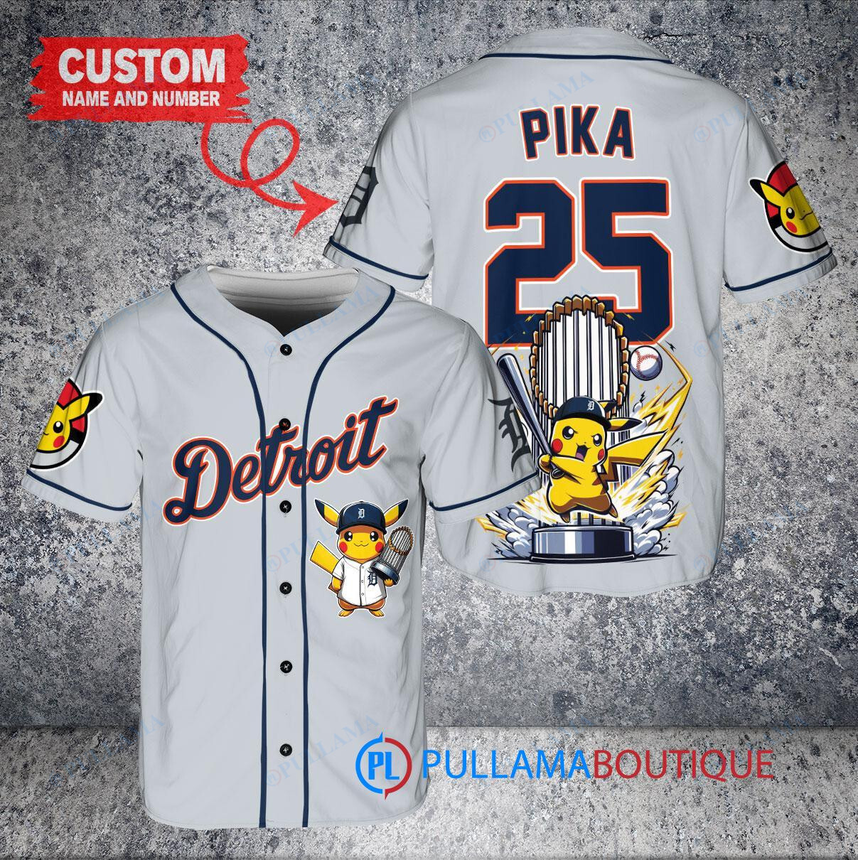 Detroit Tigers x Pikachu Pokemon with Trophy Custom Baseball Jersey Gray