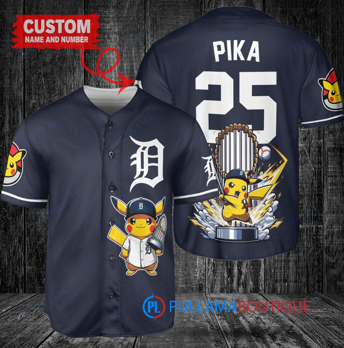 Detroit Tigers x Pikachu Pokemon with Trophy Custom Baseball Jersey Navy