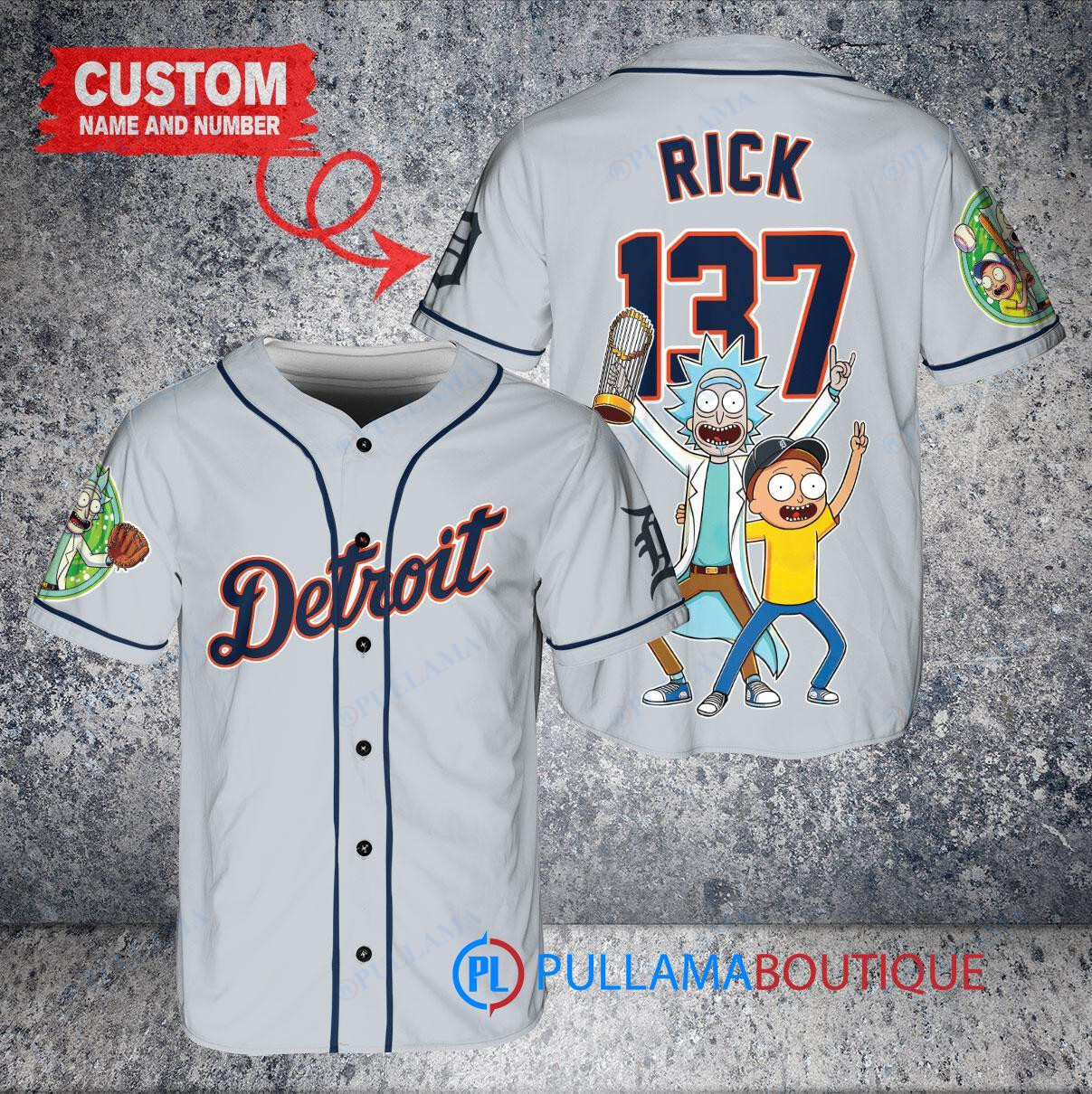 Detroit Tigers x Rick and Morty with Trophy Custom Baseball Jersey Gray