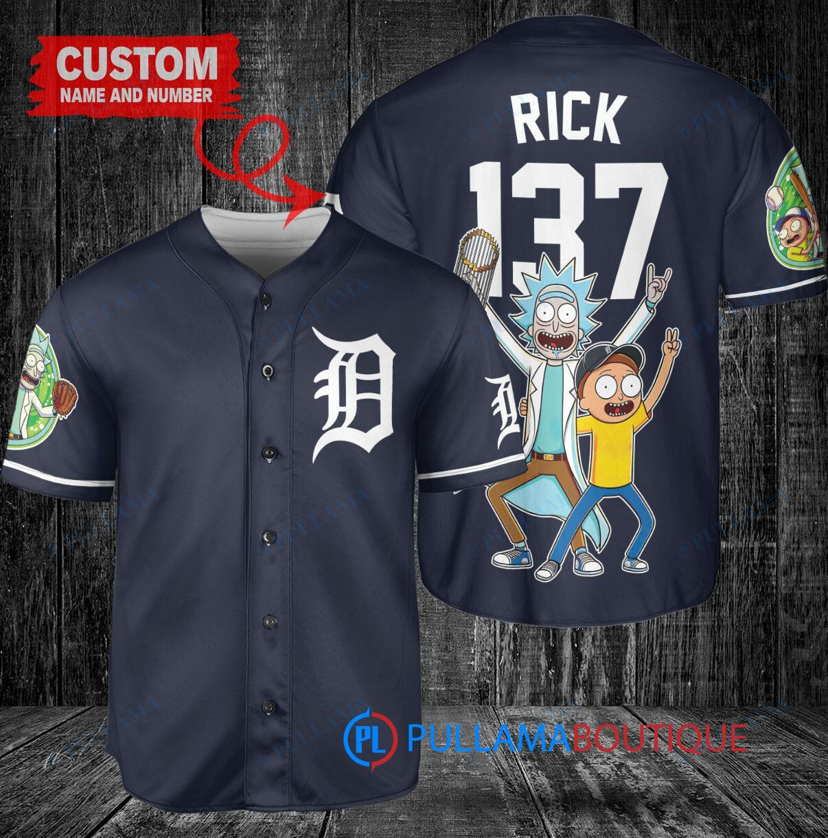 Detroit Tigers x Rick and Morty with Trophy Custom Baseball Jersey Navy