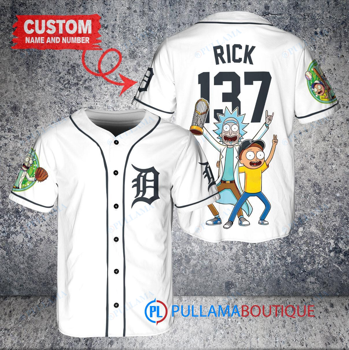 Detroit Tigers x Rick and Morty with Trophy Custom Baseball Jersey White