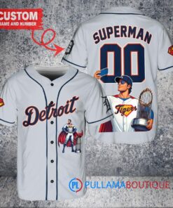 Detroit Tigers x Superman DC Comics with Trophy Custom Baseball Jersey Gray