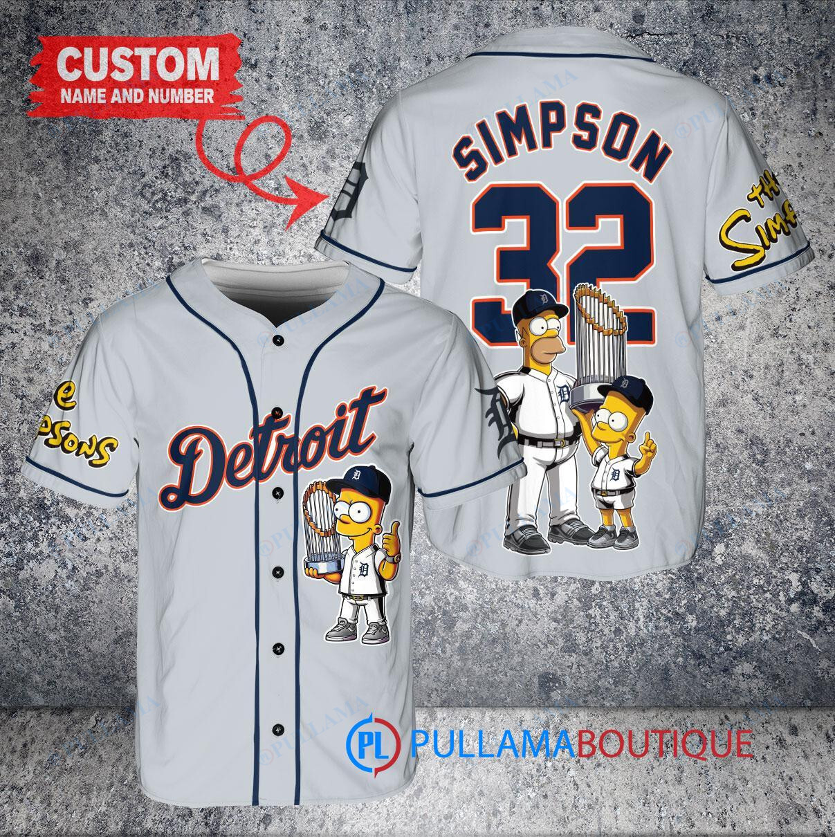 Detroit Tigers x The Simpsons Bart Simpson, Homer Simpson, Lisa Simpson with Trophy Custom Baseball Jersey Gray