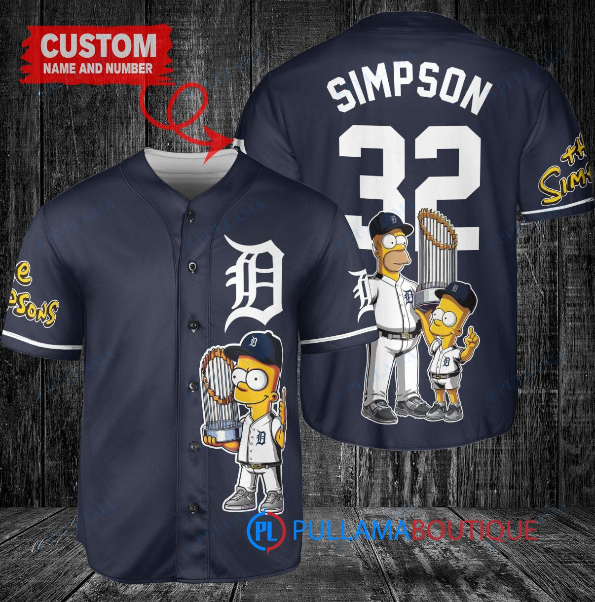 Detroit Tigers x The Simpsons Bart Simpson, Homer Simpson, Lisa Simpson with Trophy Custom Baseball Jersey Navy