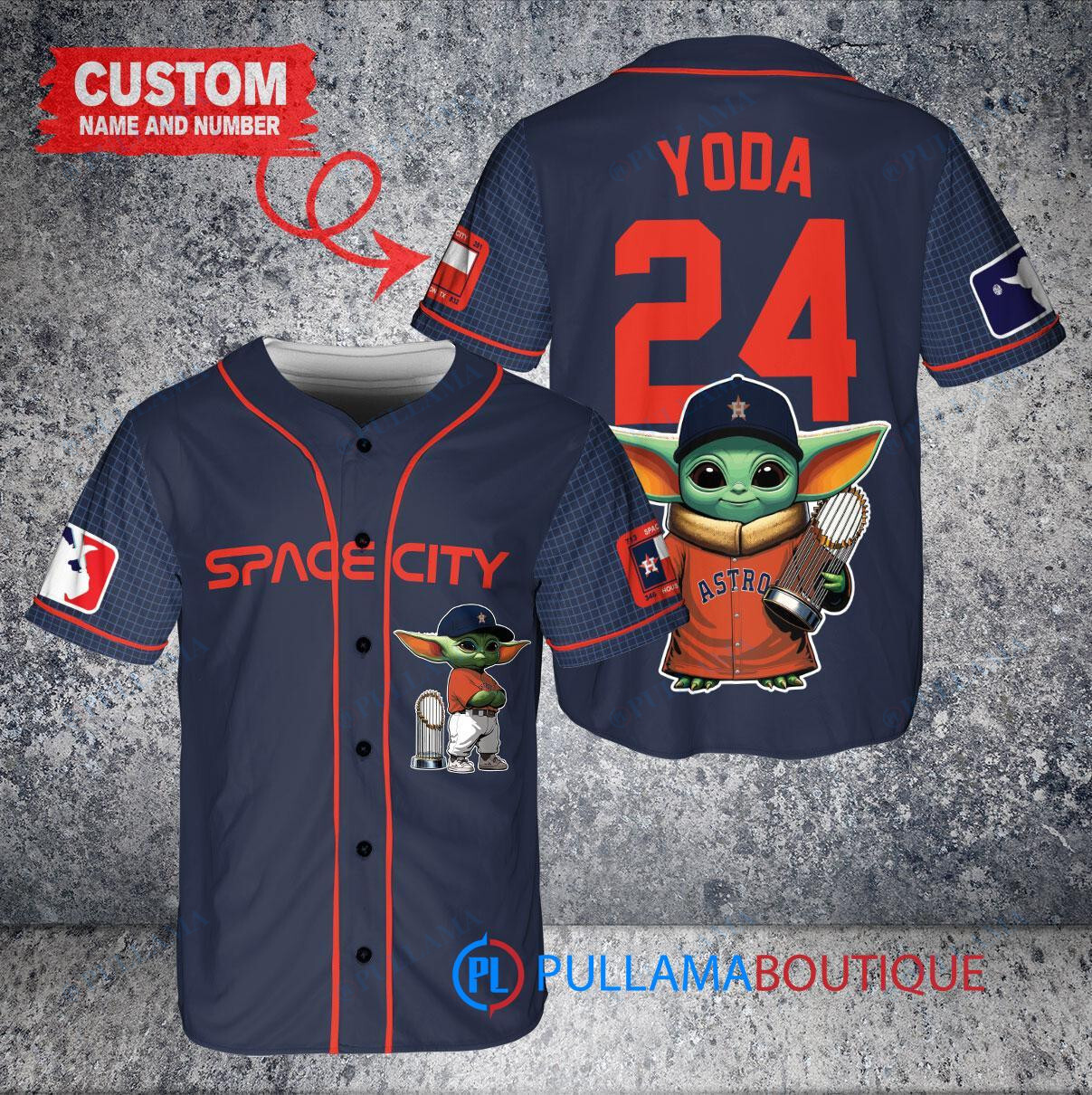 Houston Astros x Baby Yoda Star Wars The Mandalorian with Trophy Custom Baseball Jersey Navy City Connect