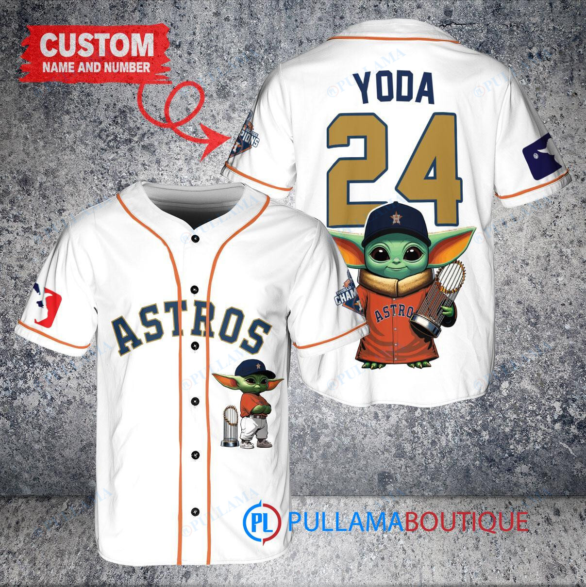 Houston Astros x Baby Yoda Star Wars The Mandalorian with Trophy Custom Baseball Jersey White