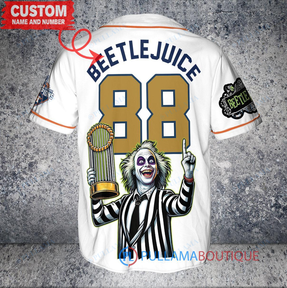 Houston Astros x Beetlejuice Halloween with World Series Trophy Custom Baseball Jersey White
