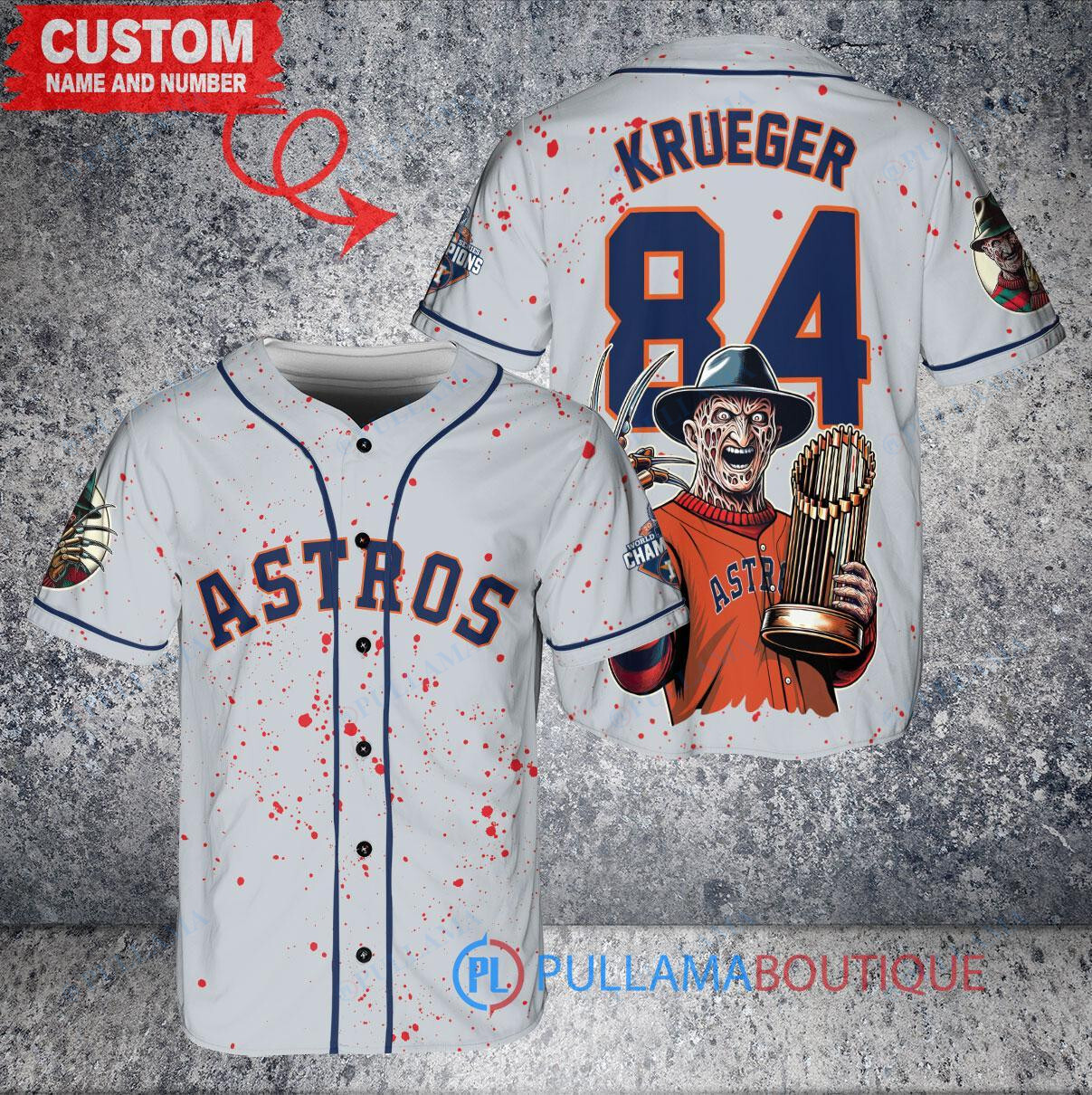 Houston Astros x Freddy Krueger A Nightmare on Elm Street Halloween with World Series Trophy Custom Baseball Jersey Gray