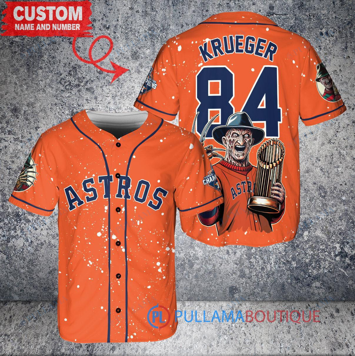 Houston Astros x Freddy Krueger A Nightmare on Elm Street Halloween with World Series Trophy Custom Baseball Jersey Orange