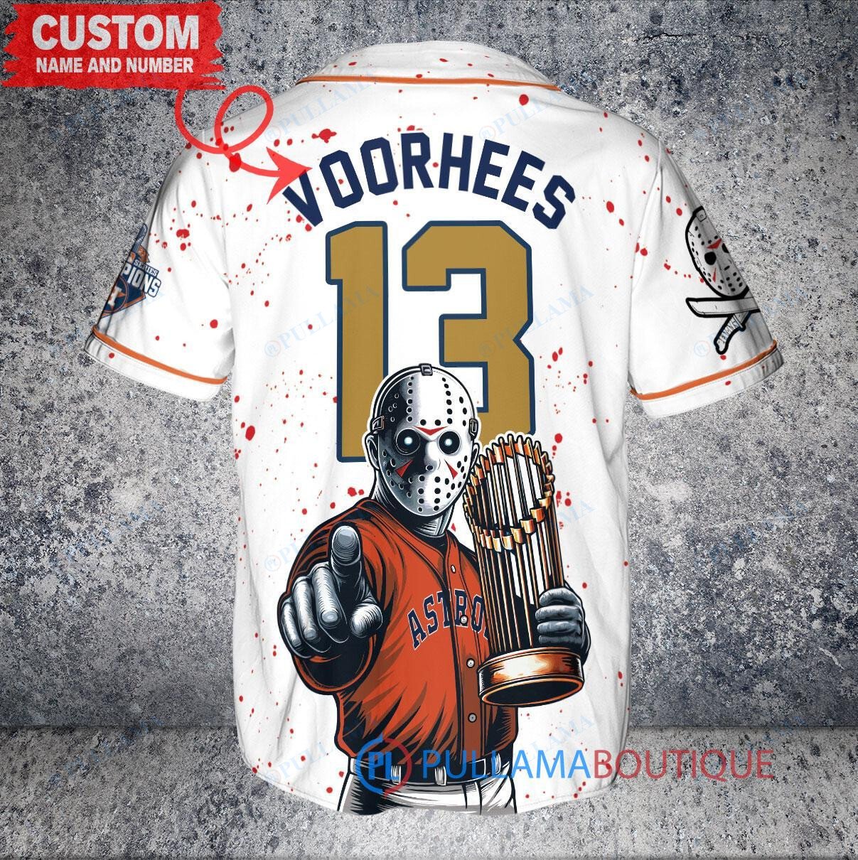 Houston Astros x Friday the 13th Jason Voorhees Halloween with World Series Trophy Custom Baseball Jersey White