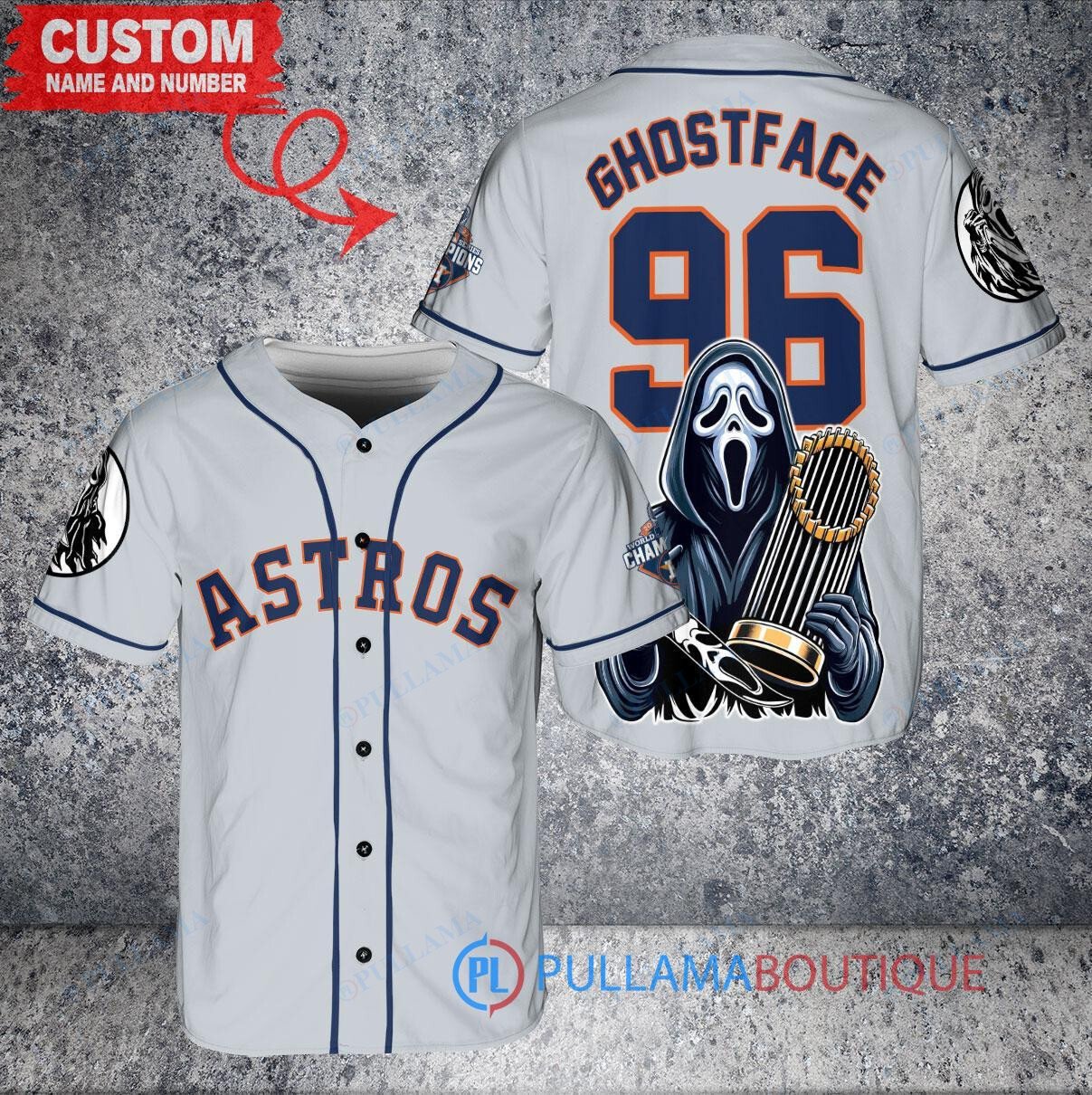 Houston Astros x Ghostface Scream Halloween Halloween with World Series Trophy Custom Baseball Jersey Gray