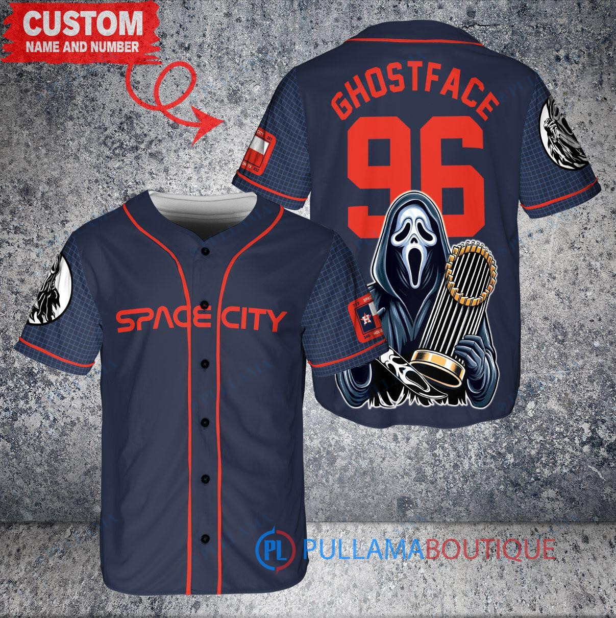 Houston Astros x Ghostface Scream Halloween Halloween with World Series Trophy Custom Baseball Jersey Navy City Connect