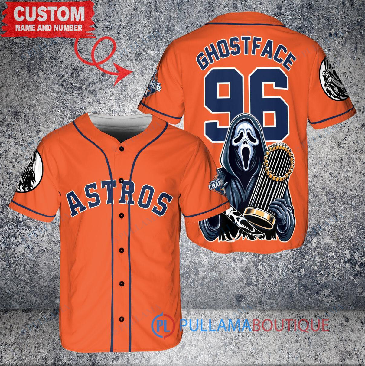 Houston Astros x Ghostface Scream Halloween Halloween with World Series Trophy Custom Baseball Jersey Orange