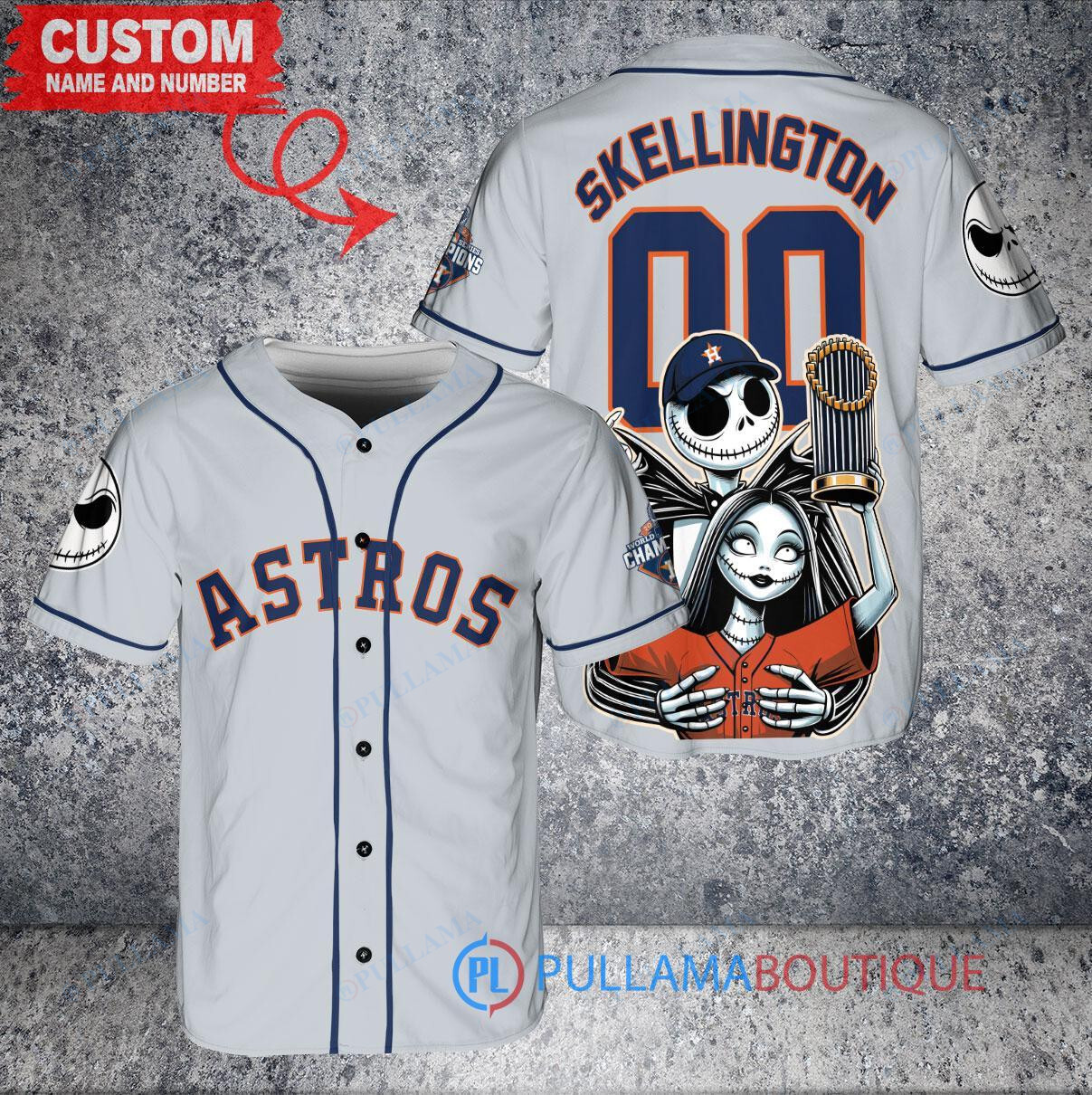 Houston Astros x Jack Skellington and Sally The Nightmare Before Christmas with World Series Trophy Custom Baseball Jersey Gray