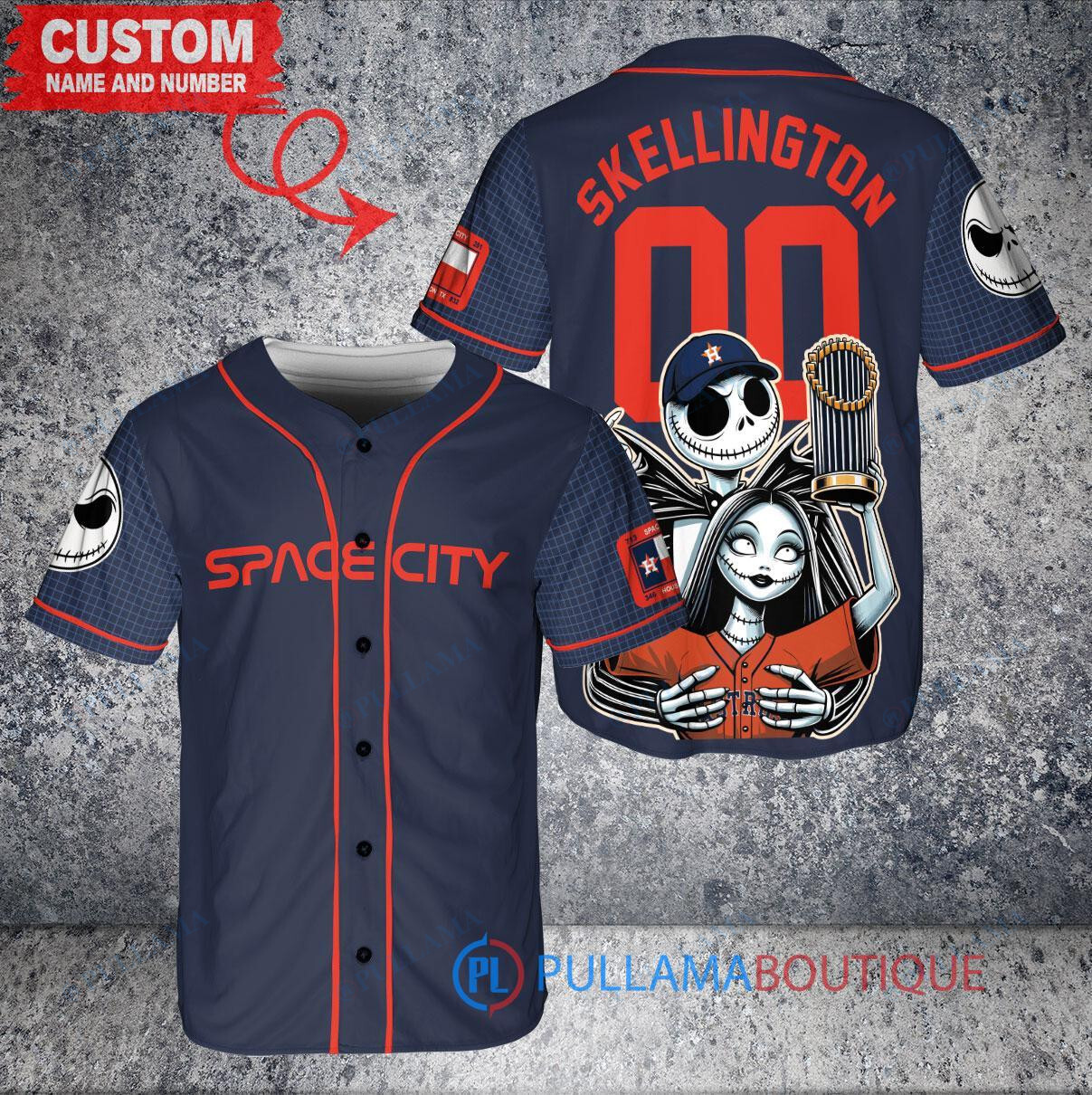 Houston Astros x Jack Skellington and Sally The Nightmare Before Christmas with World Series Trophy Custom Baseball Jersey Navy City Connect