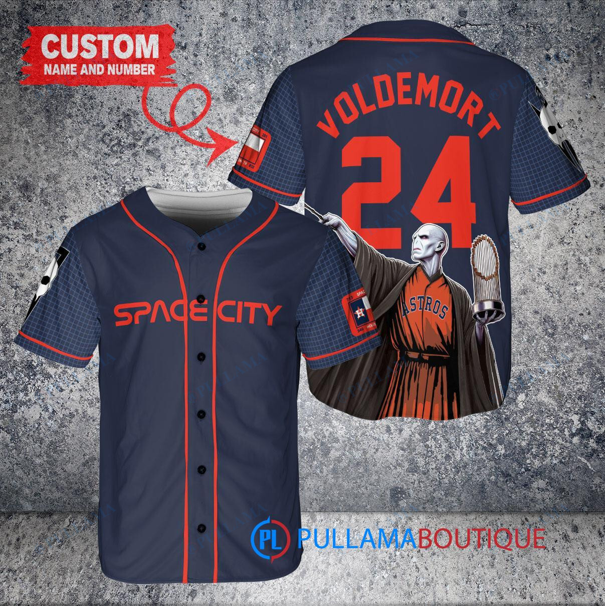 Houston Astros x Lord Voldemort Harry Potter with Trophy Custom Baseball Jersey Navy City Connect
