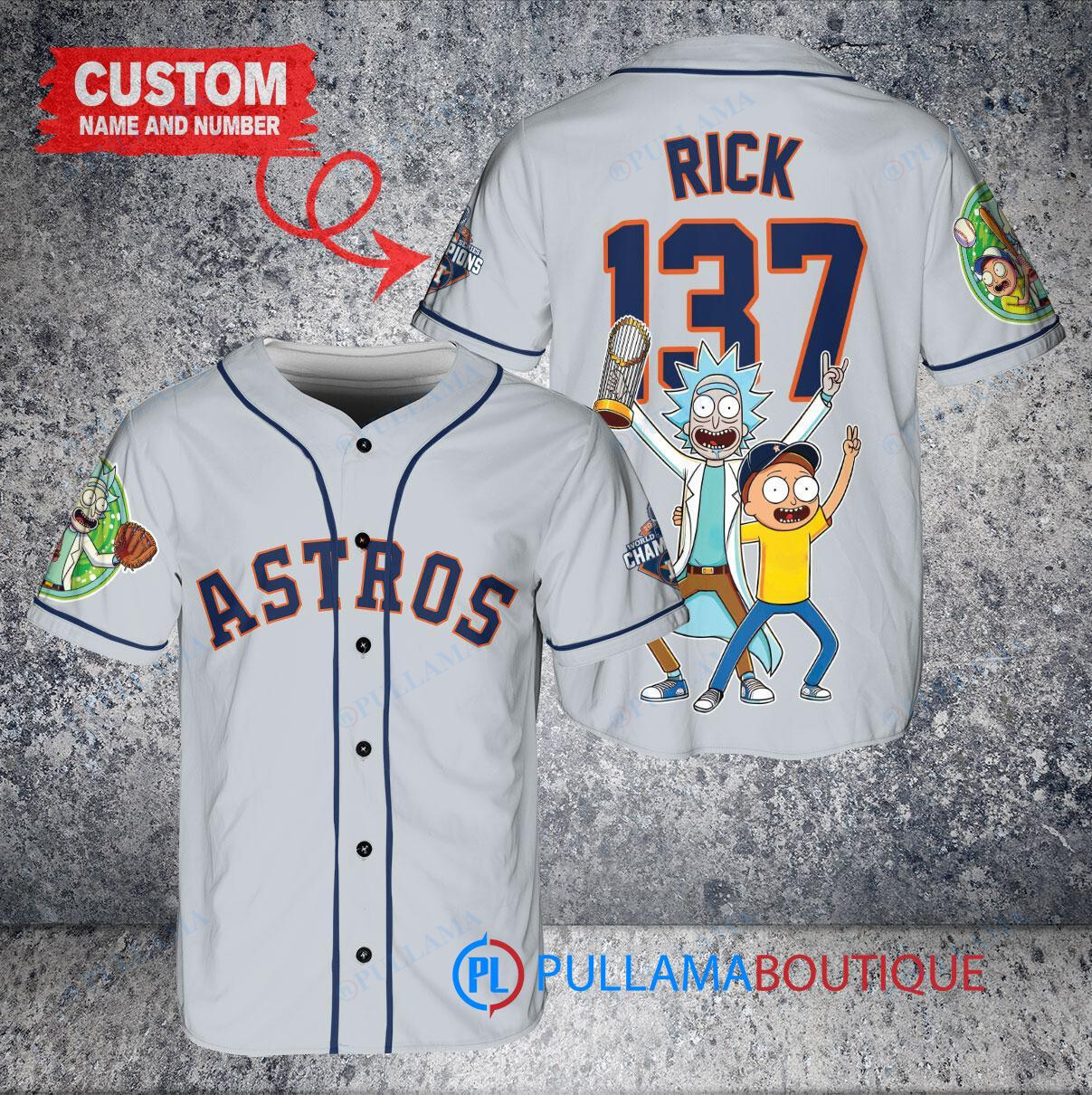 Houston Astros x Rick and Morty with Trophy Custom Baseball Jersey Gray