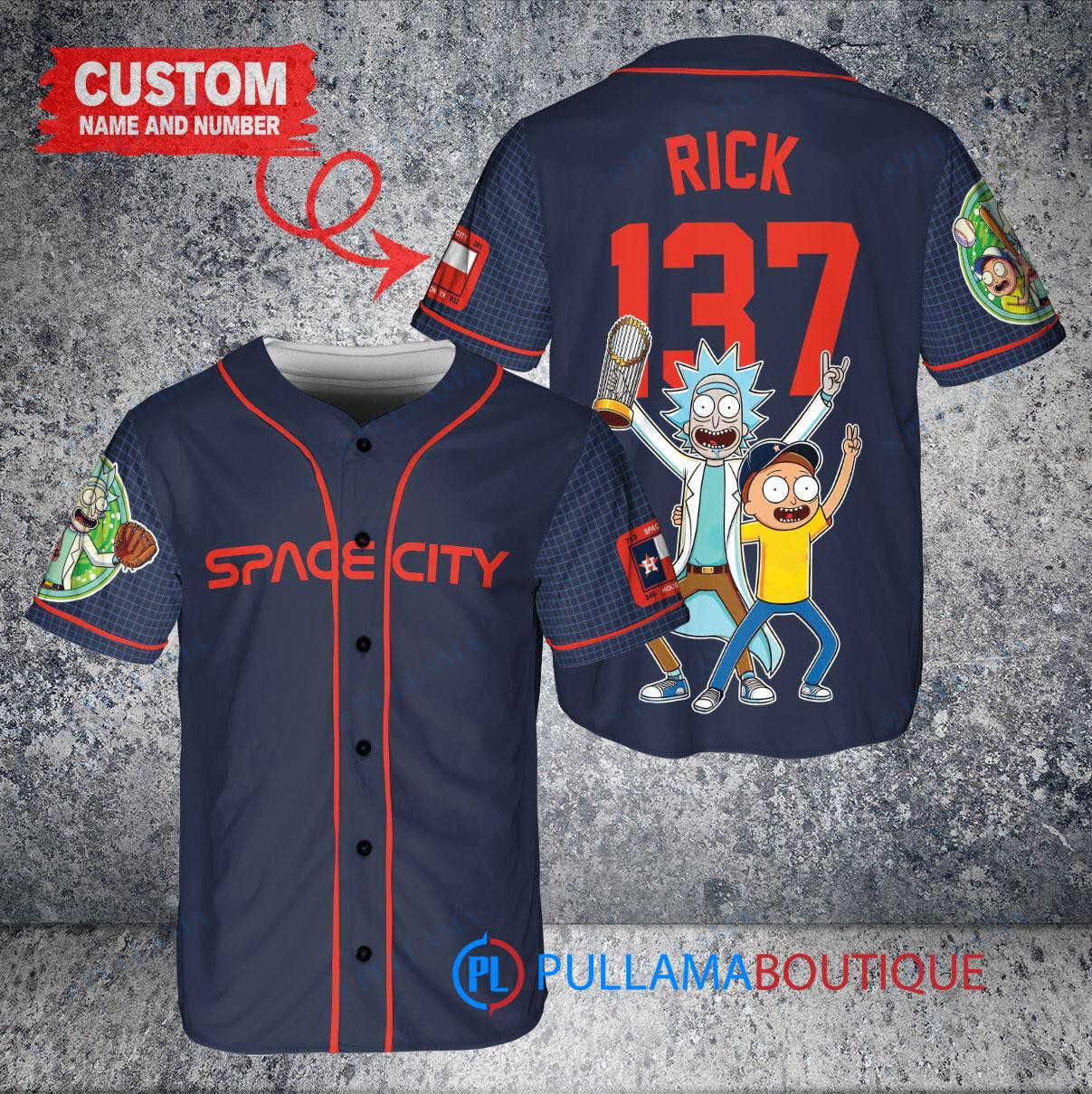 Houston Astros x Rick and Morty with Trophy Custom Baseball Jersey Navy City Connect