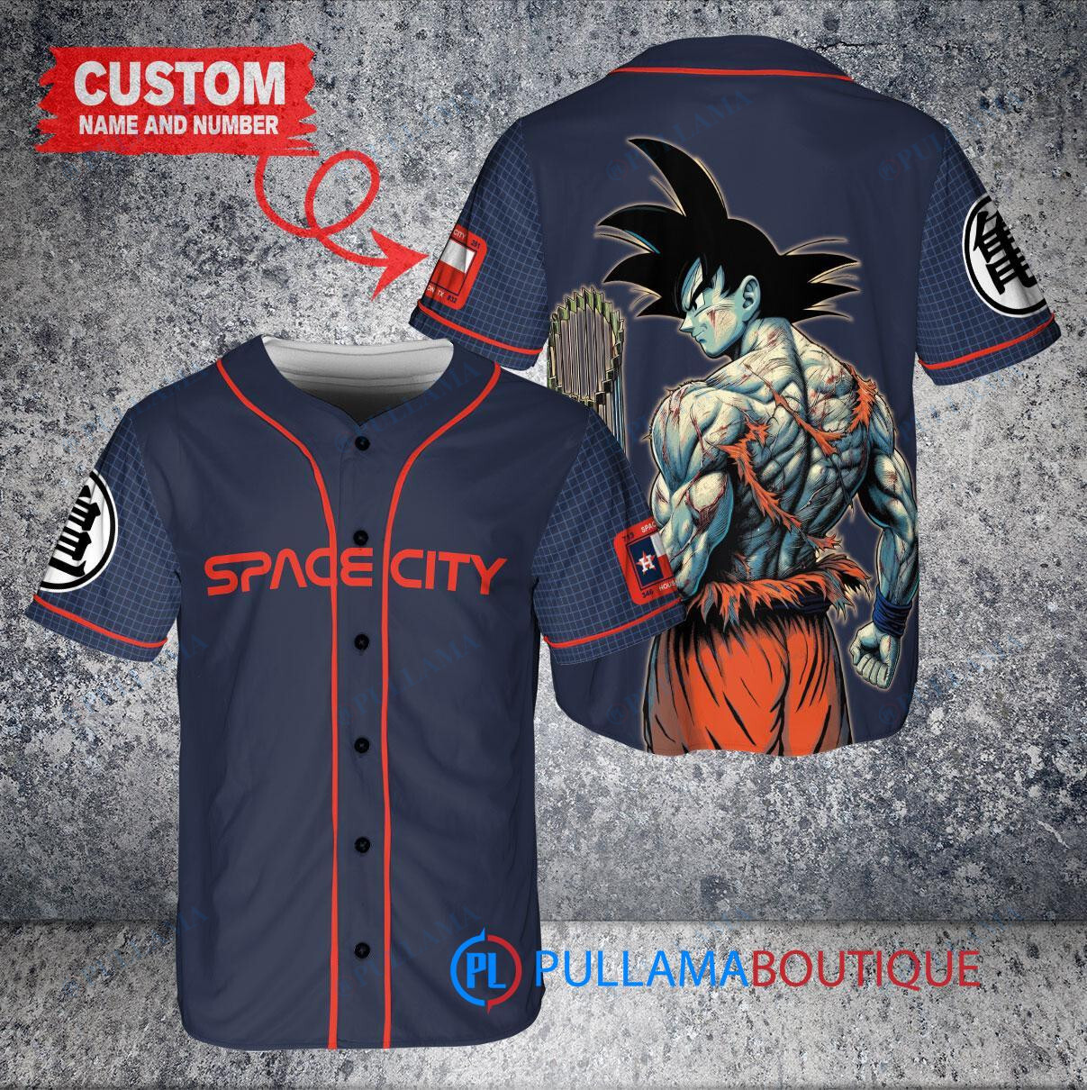 Houston Astros x Son Goku Kakarot Super Saiyan Dragon Ball Z with Trophy Baseball Jersey Navy City Connect