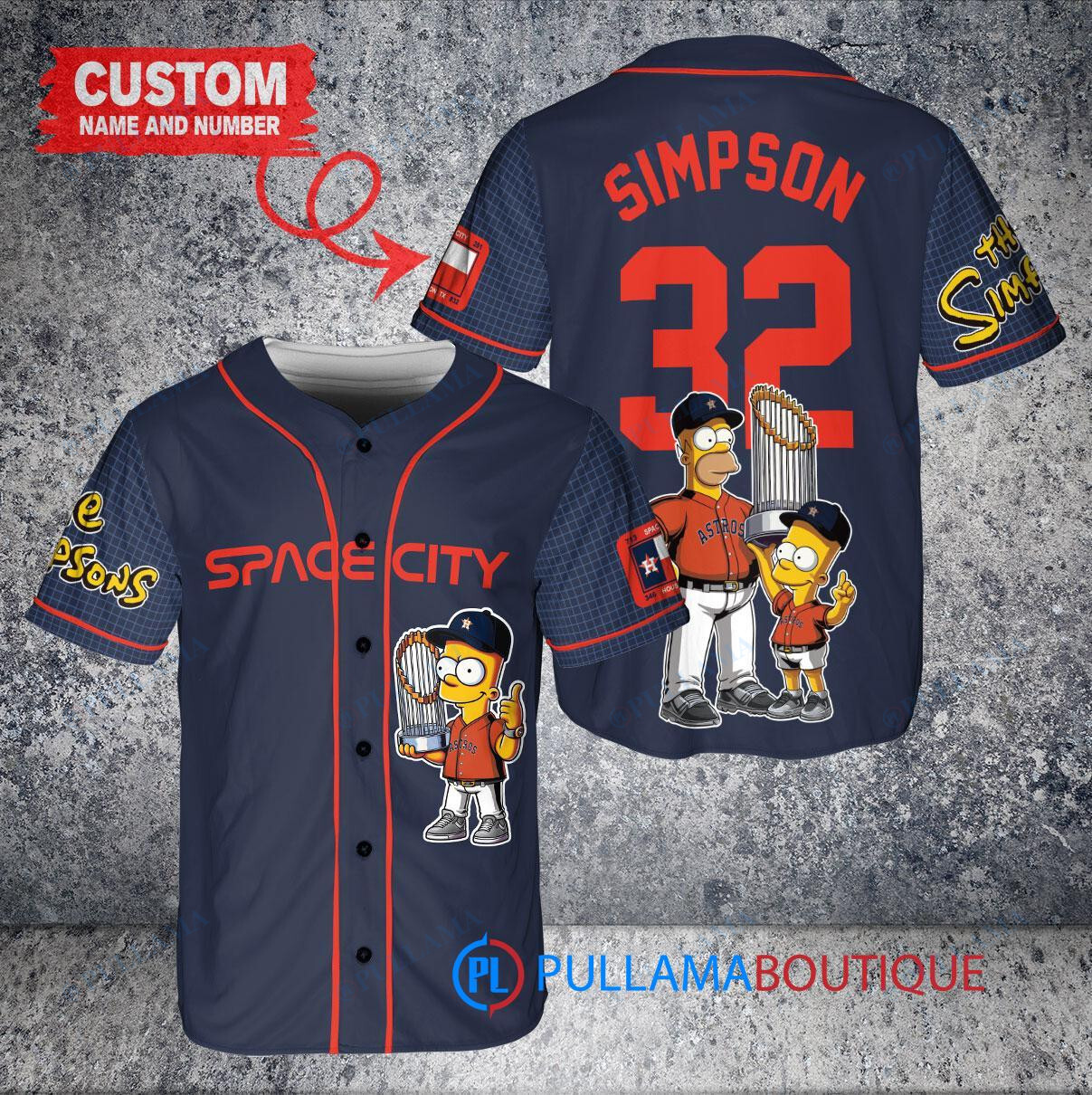 Houston Astros x The Simpsons Bart Simpson, Homer Simpson, Lisa Simpson with Trophy Custom Baseball Jersey Navy City Connect