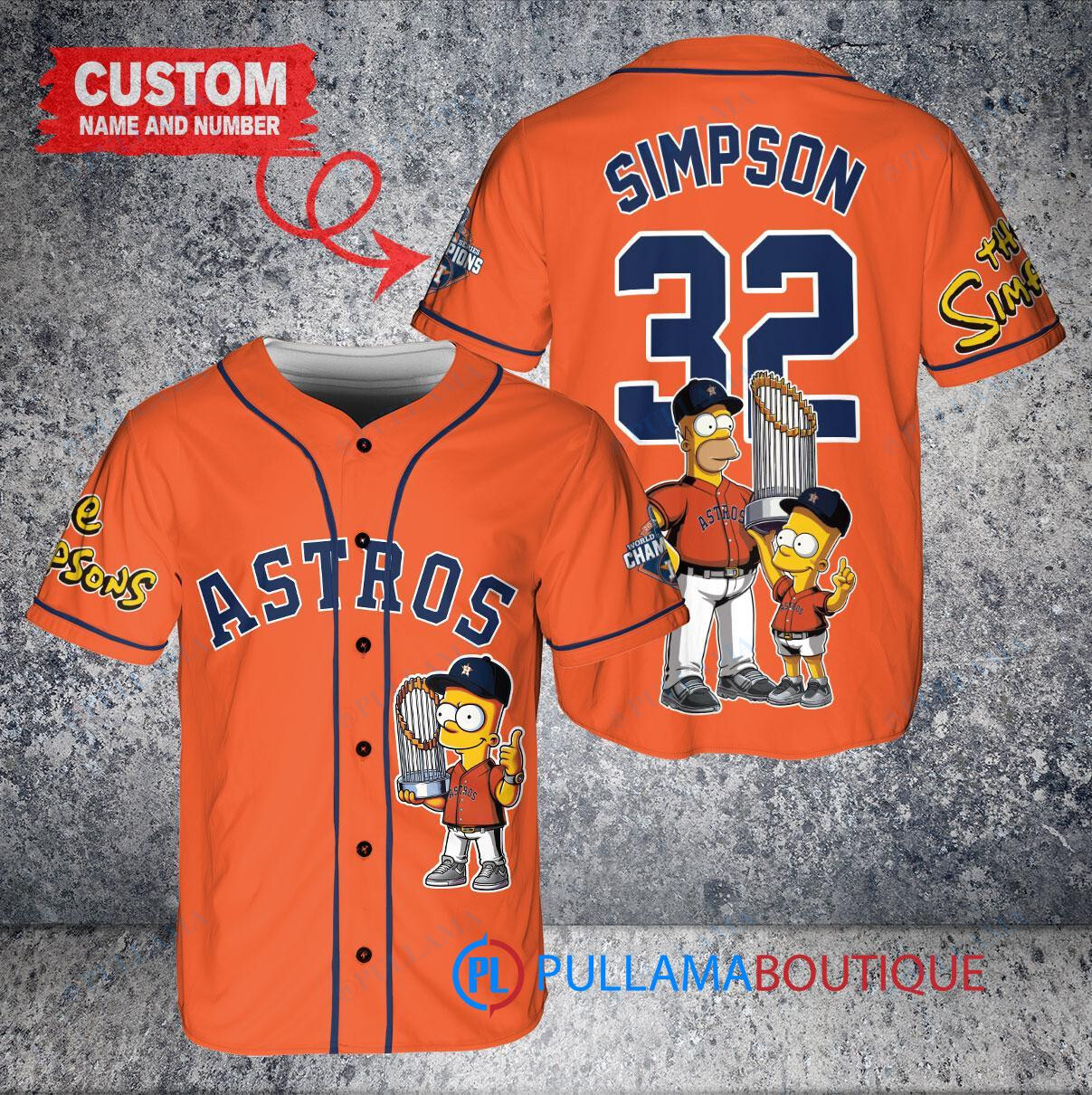 Houston Astros x The Simpsons Bart Simpson, Homer Simpson, Lisa Simpson with Trophy Custom Baseball Jersey Orange