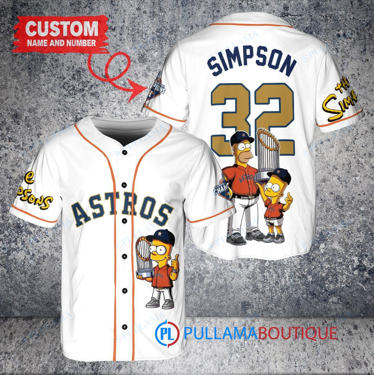 Houston Astros x The Simpsons Bart Simpson, Homer Simpson, Lisa Simpson with Trophy Custom Baseball Jersey White