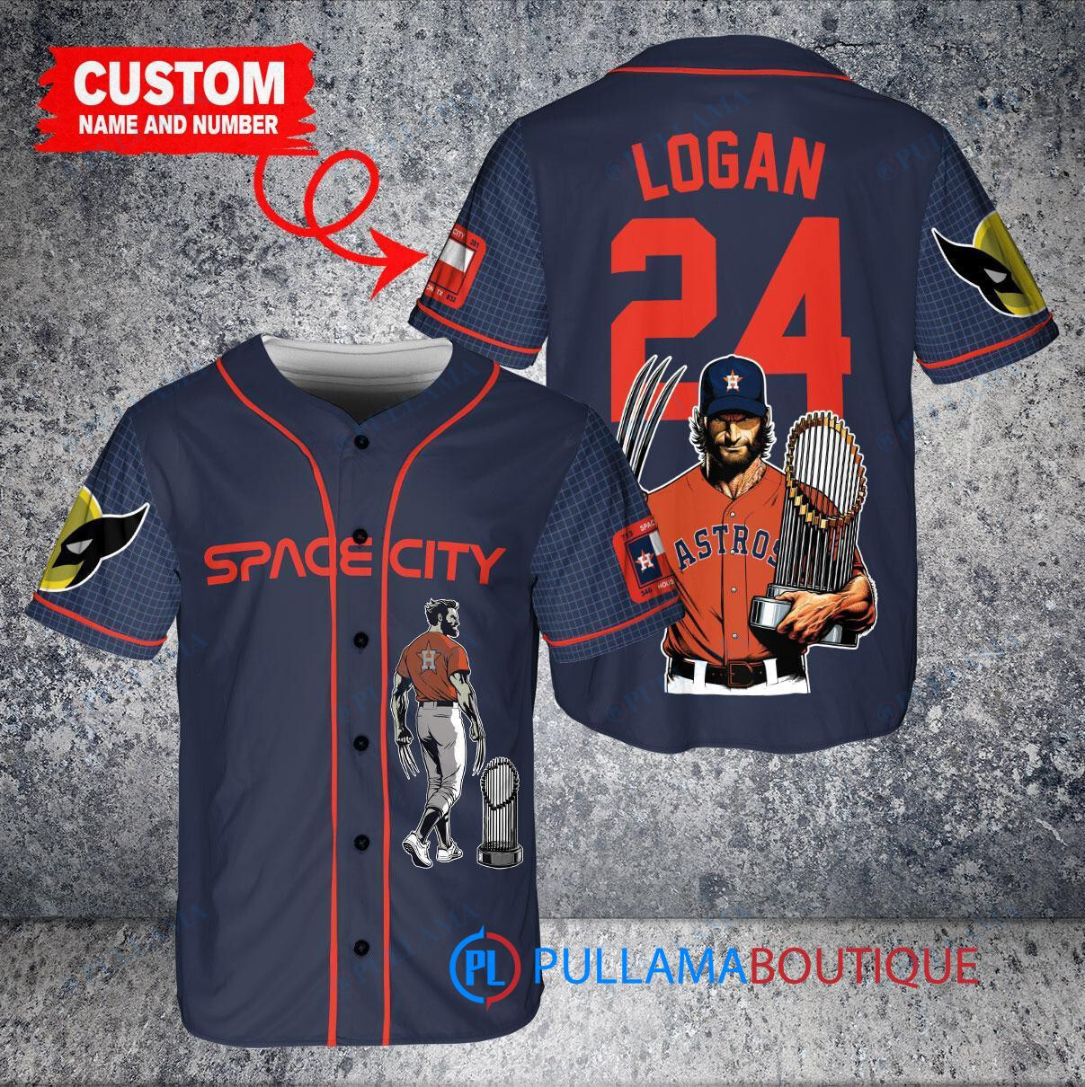 Houston Astros x Wolverine Logan with Trophy Custom Baseball Jersey Navy City Connect