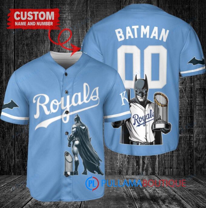 Kansas City Royals x DC Comics Batman The Dark Knight with Trophy Custom Baseball Jersey Light Blue