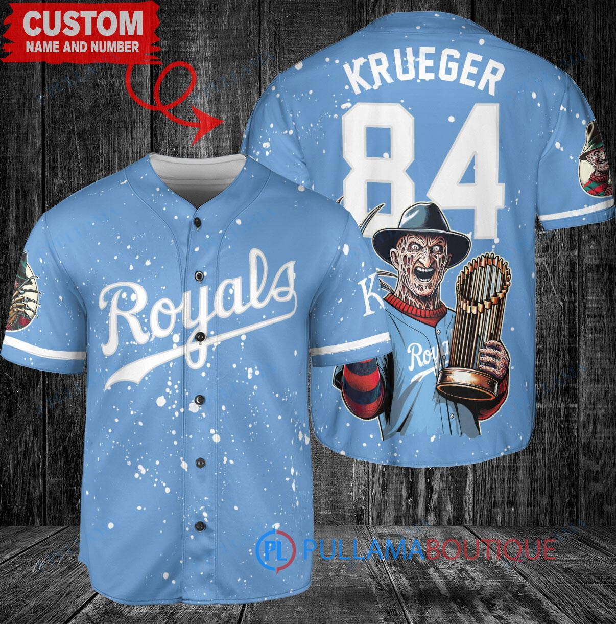 Kansas City Royals x Freddy Krueger A Nightmare on Elm Street Halloween with World Series Trophy Custom Baseball Jersey Light Blue