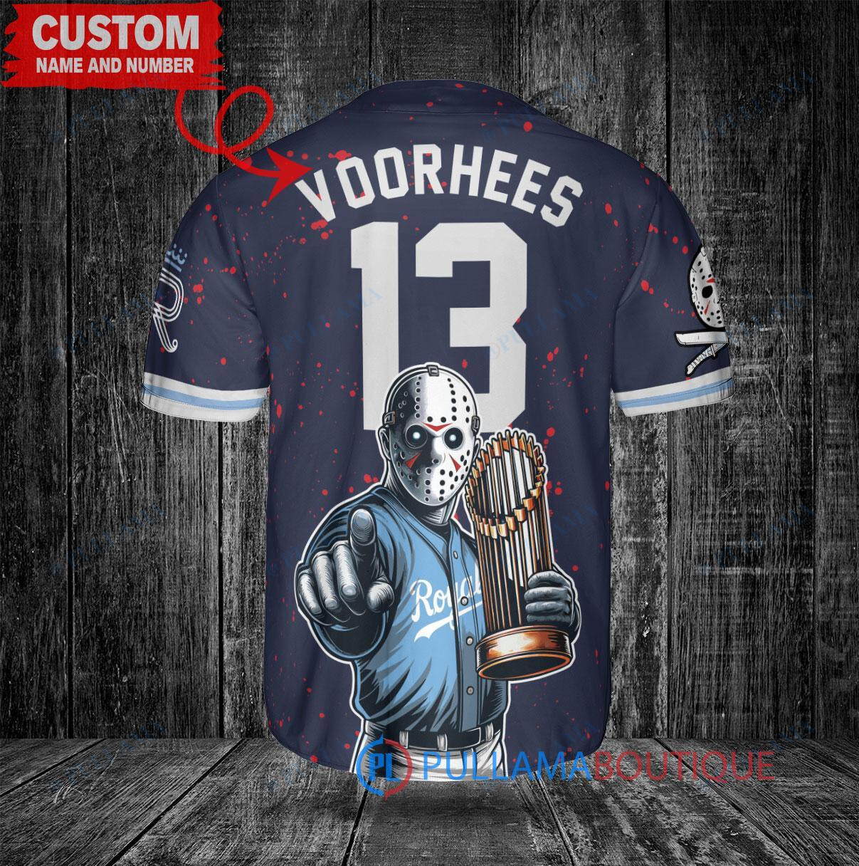 Kansas City Royals x Friday the 13th Jason Voorhees Halloween with World Series Trophy Custom Baseball Jersey Navy