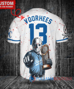 Kansas City Royals x Friday the 13th Jason Voorhees Halloween with World Series Trophy Custom Baseball Jersey White