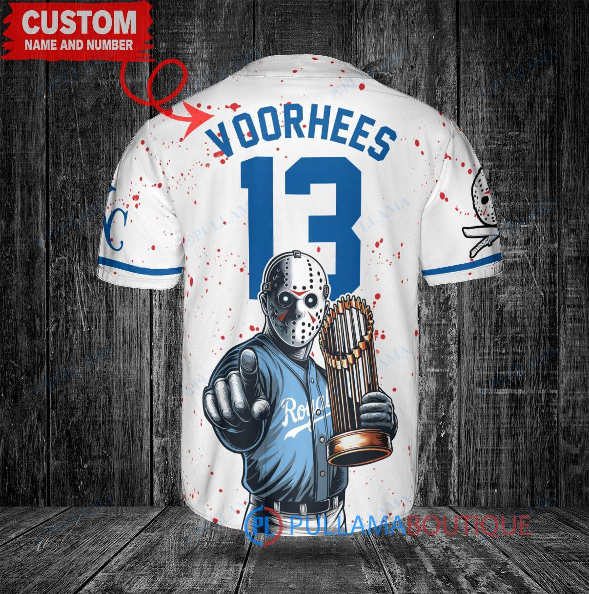 Kansas City Royals x Friday the 13th Jason Voorhees Halloween with World Series Trophy Custom Baseball Jersey White