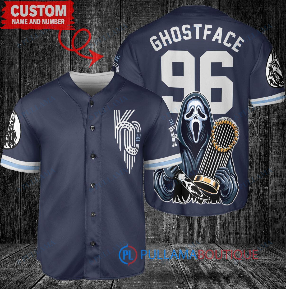 Kansas City Royals x Ghostface Scream Halloween Halloween with World Series Trophy Custom Baseball Jersey Navy