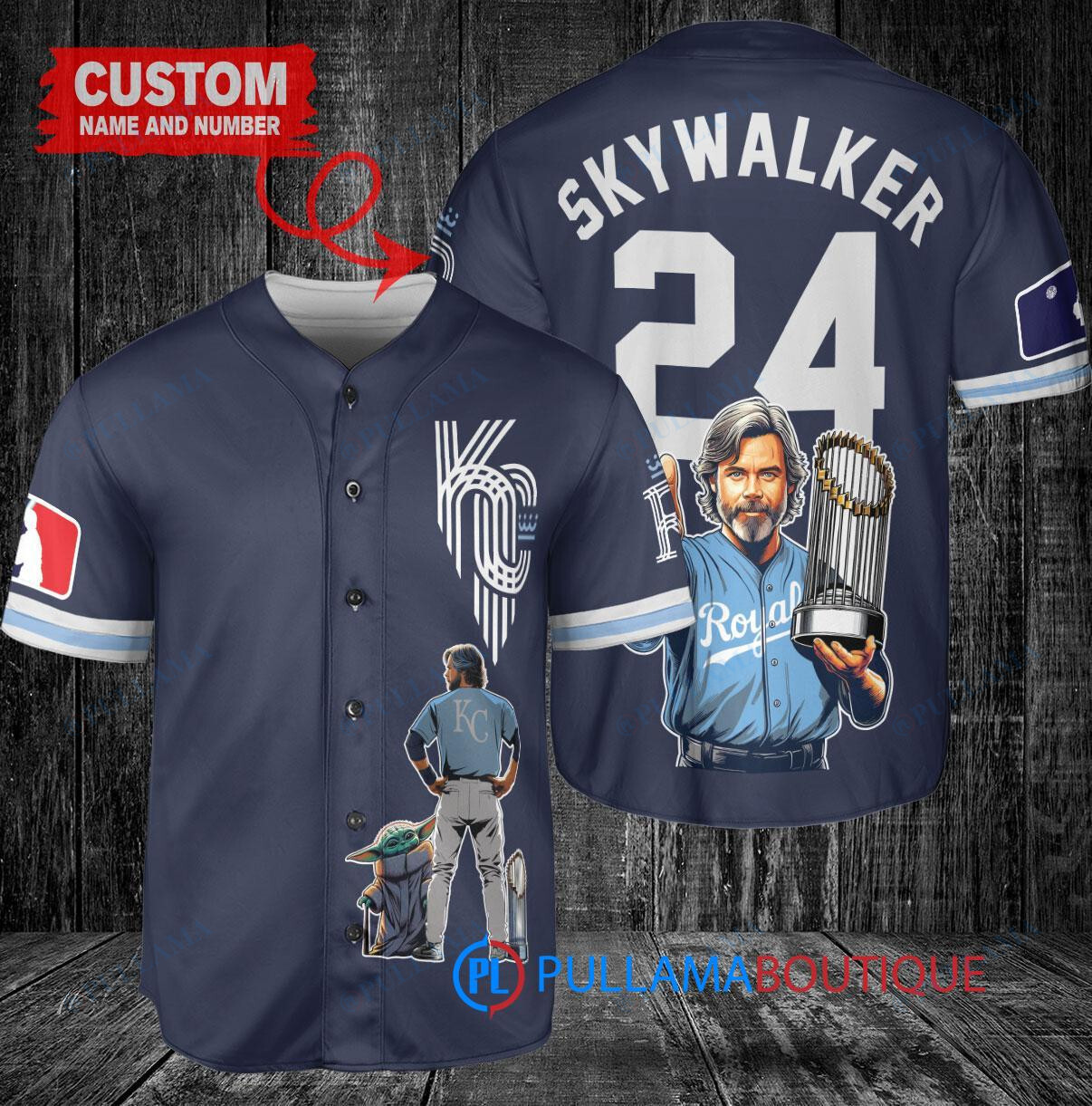 Kansas City Royals x Luke Skywalker Star Wars with Trophy Custom Baseball Jersey Navy