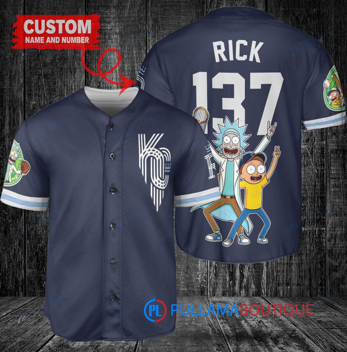 Kansas City Royals x Rick and Morty with Trophy Custom Baseball Jersey Navy