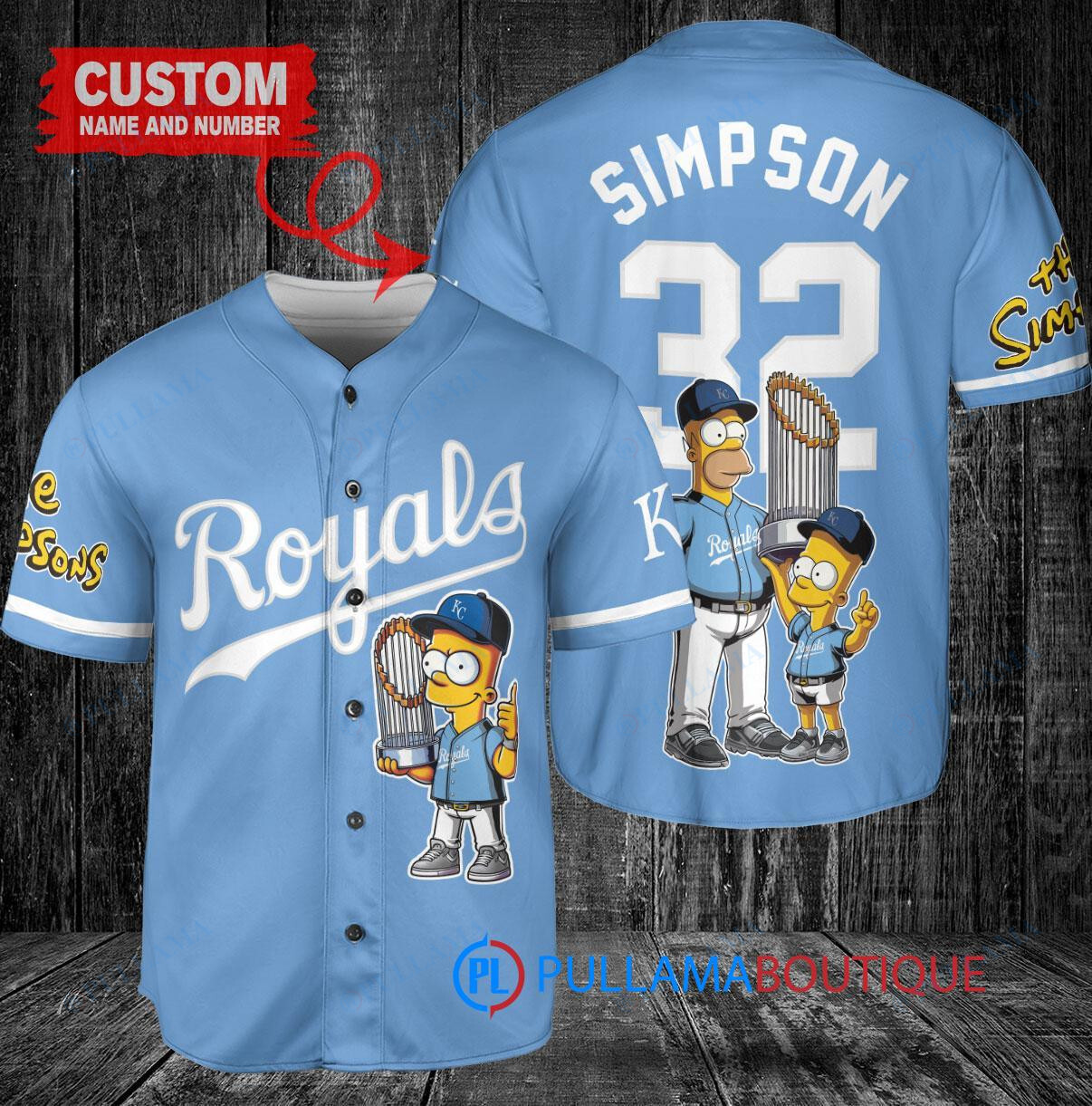 Kansas City Royals x The Simpsons Bart Simpson, Homer Simpson, Lisa Simpson with Trophy Custom Baseball Jersey Light Blue