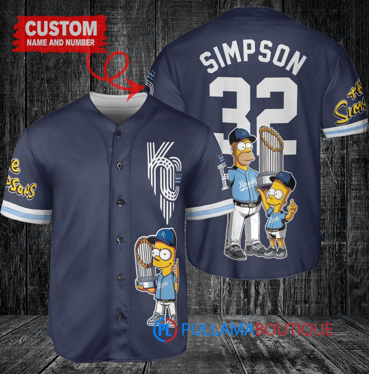 Kansas City Royals x The Simpsons Bart Simpson, Homer Simpson, Lisa Simpson with Trophy Custom Baseball Jersey Navy