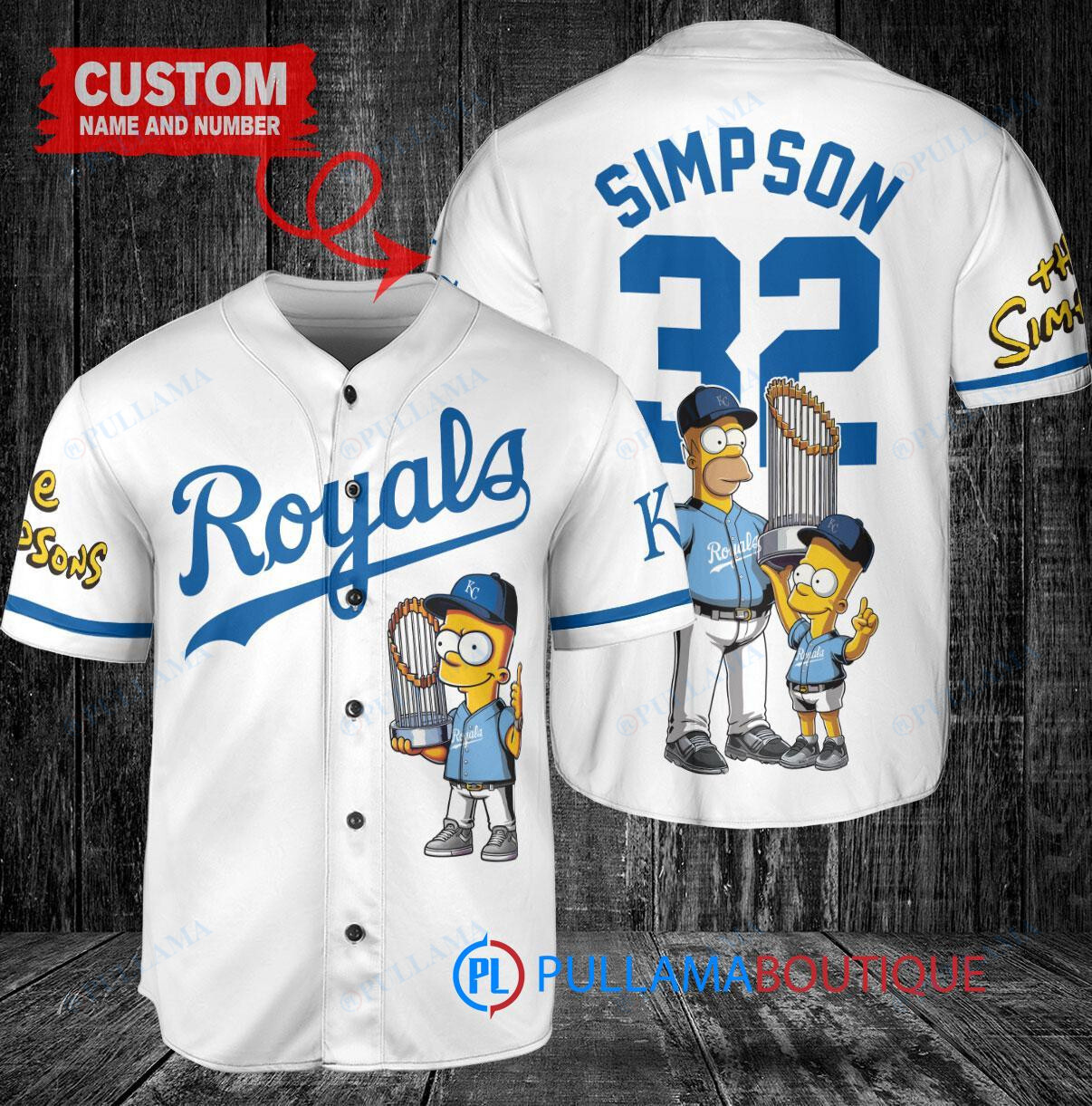 Kansas City Royals x The Simpsons Bart Simpson, Homer Simpson, Lisa Simpson with Trophy Custom Baseball Jersey White