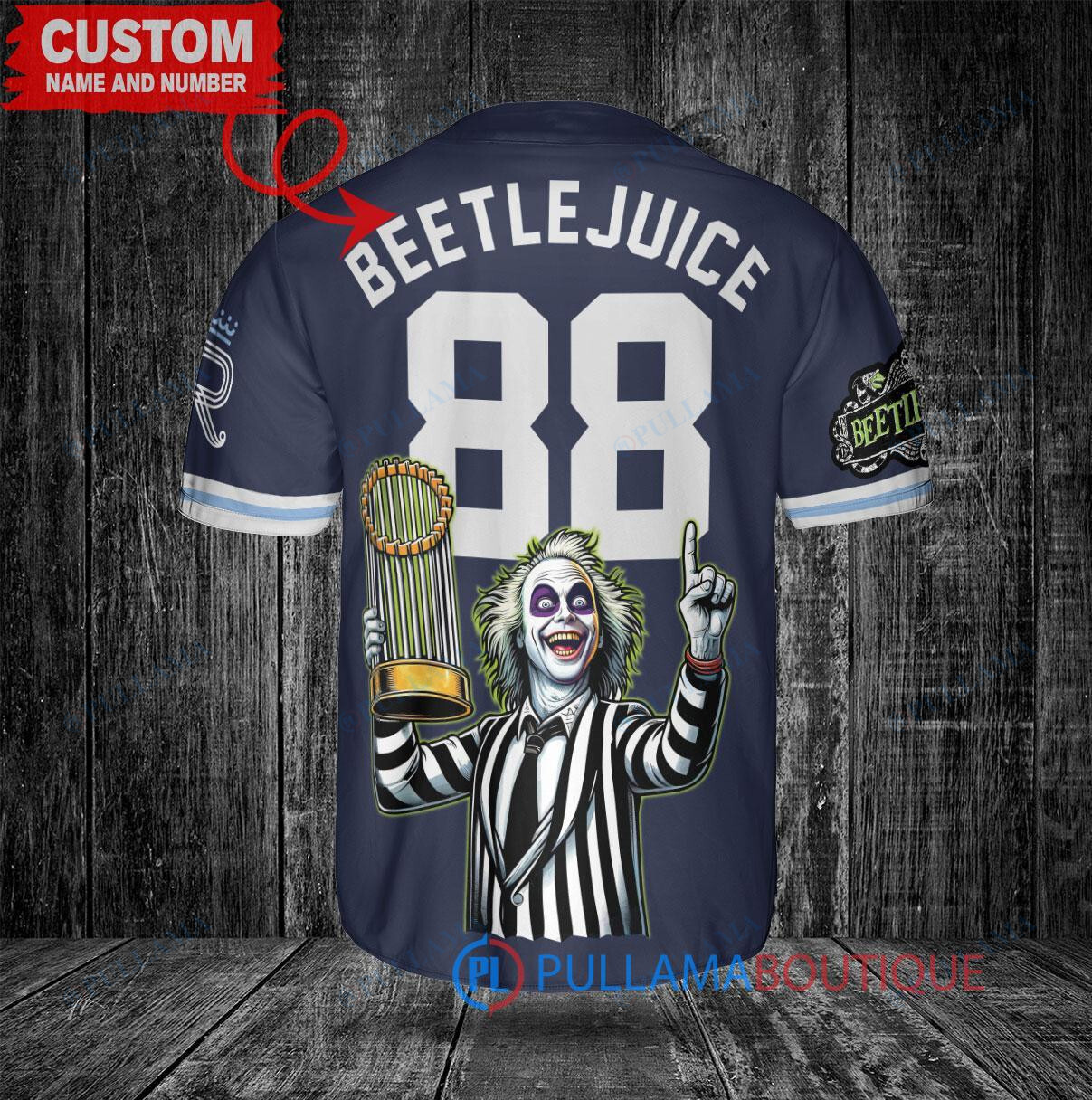 KC Royals Beetlejuice Halloween World Series Trophy Baseball Jersey Navy
