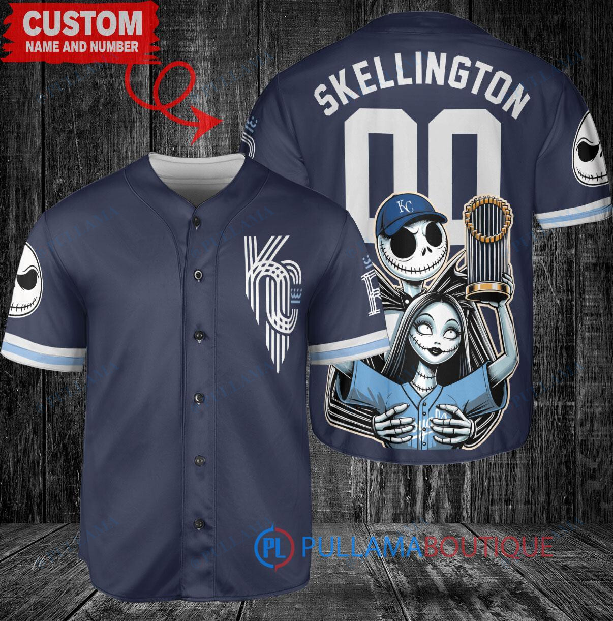 KC Royals Jack Skellington Sally World Series Trophy Baseball Jersey Navy