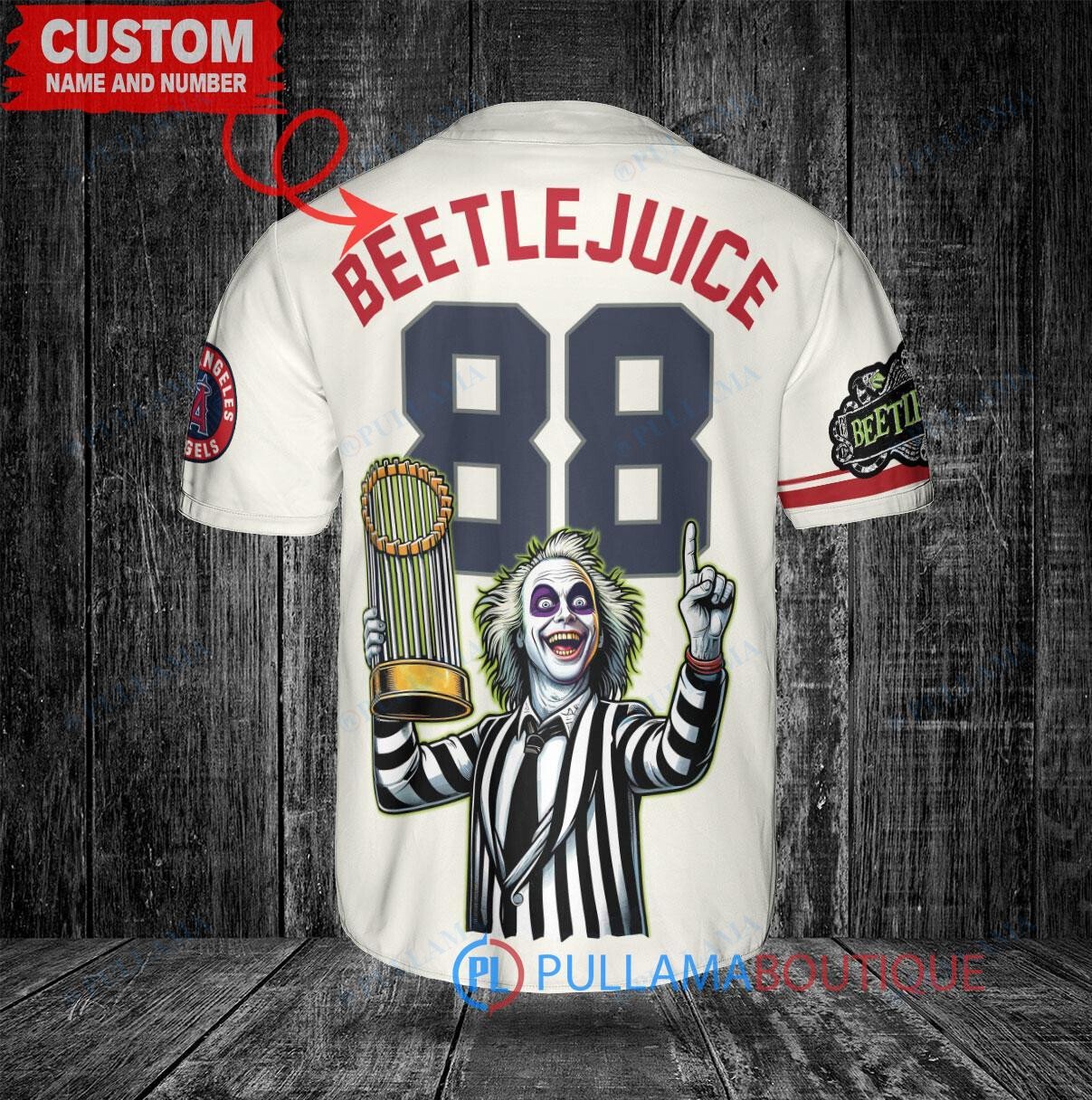 LA Angels Beetlejuice Halloween World Series Trophy Baseball Jersey Cream